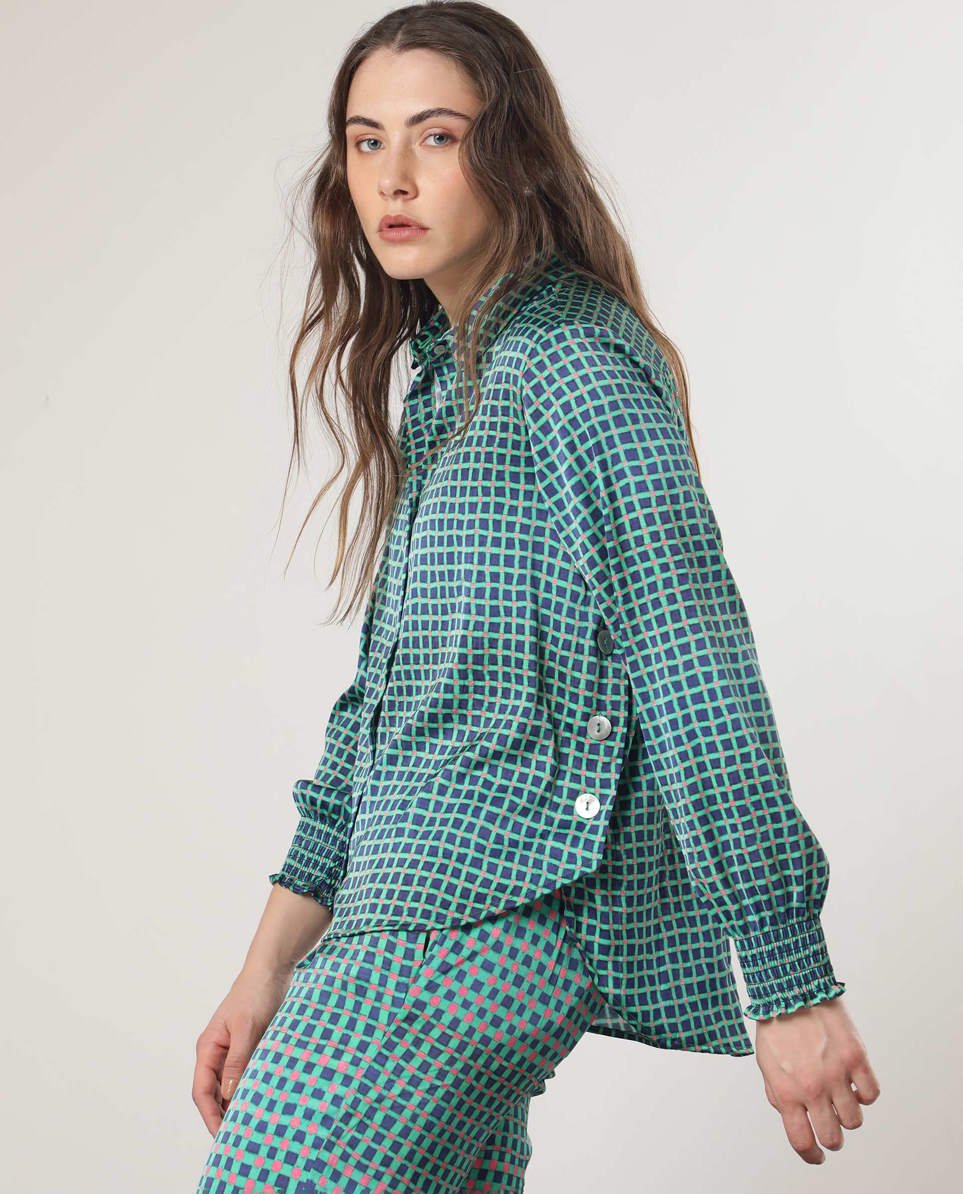 Rareism Women's Emileo Green Polyester Spread Collar Geometric Print Relaxed Fit Top