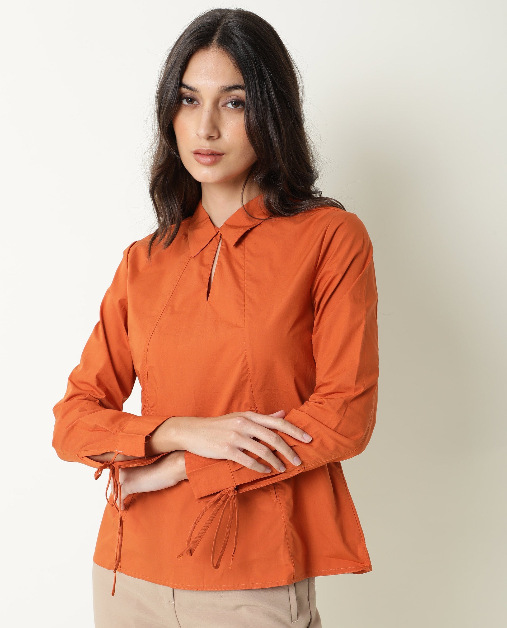 Rareism Women's Merge Rust Spread Collar Plain Knee Length Regular Fit Top