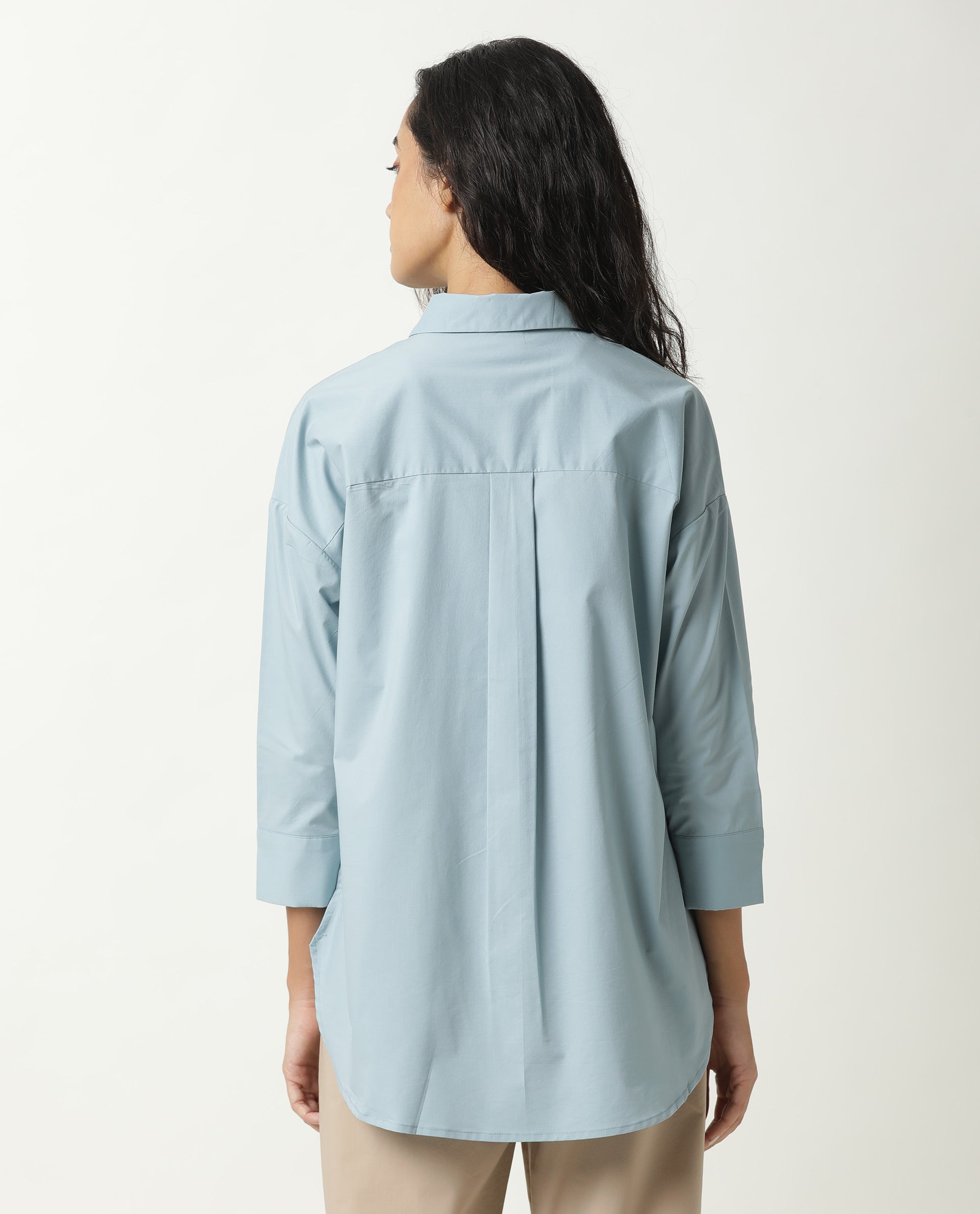 Rareism Womens Eleven Blue Top Polyester Fabric Regular Fit 3/4 Sleeve Collared Neck