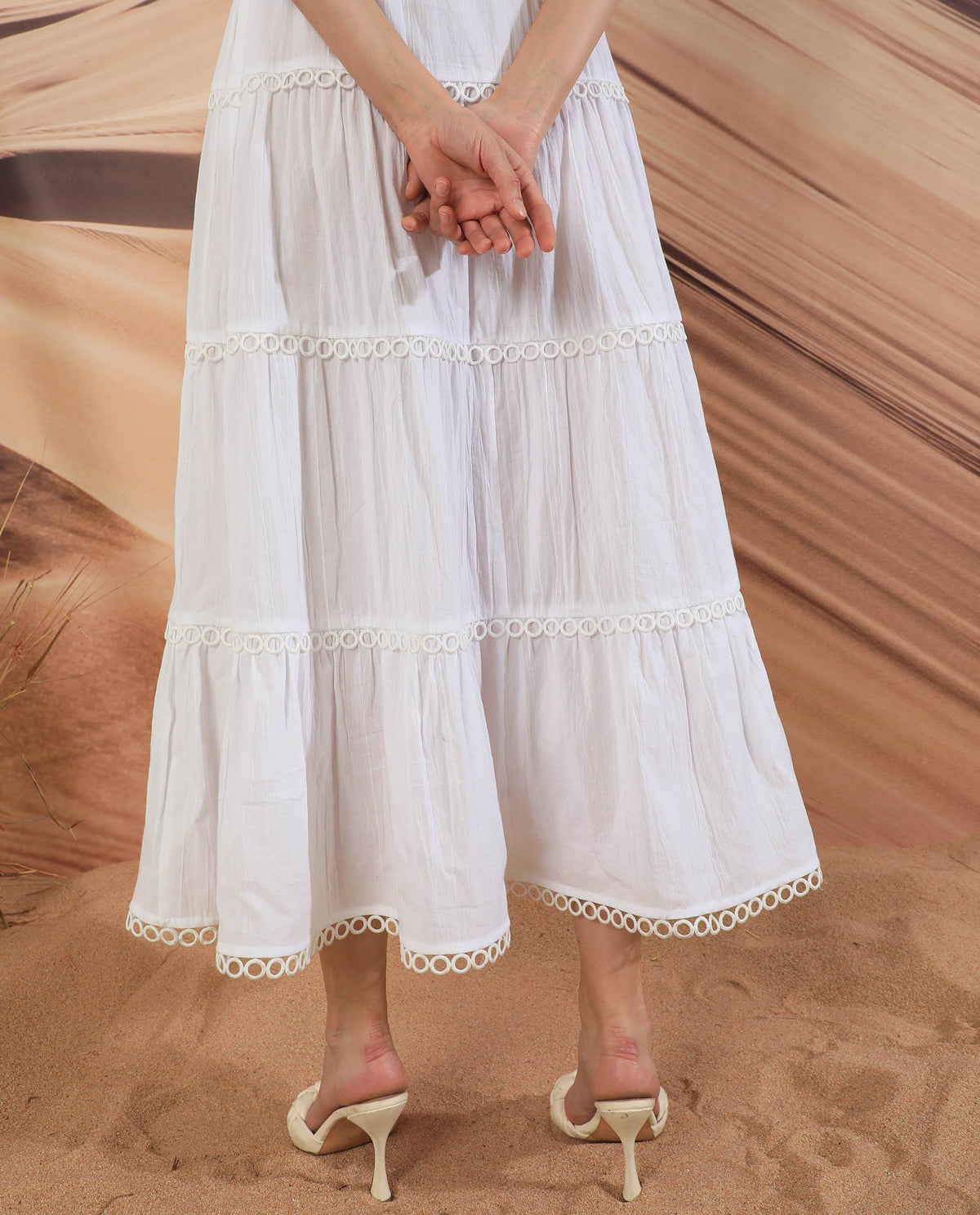 Rareism Women Rivoli White V Neck Balloon Sleeves With Elastic Waist And Pockets Tiered Maxi Dress