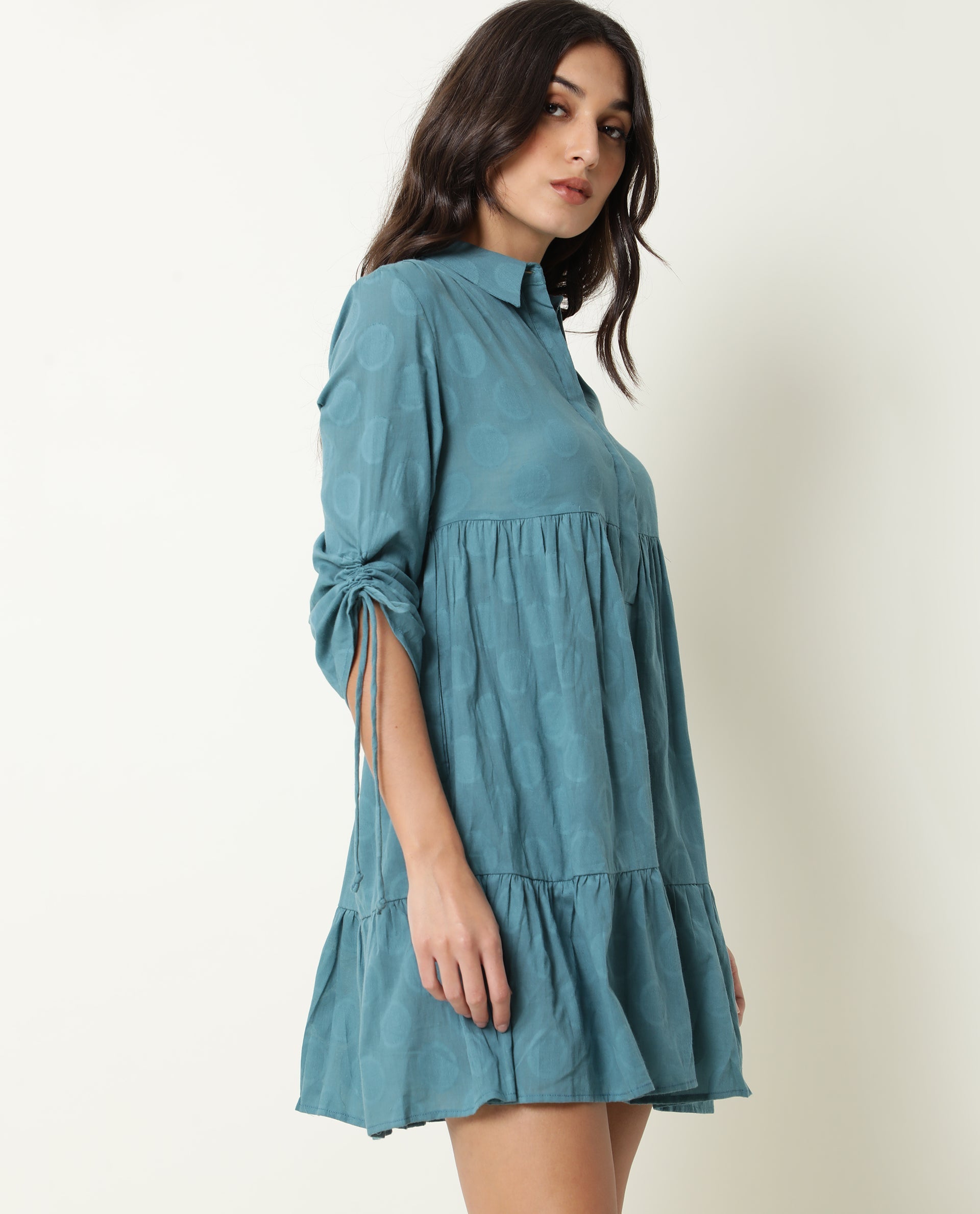 Rareism Womens Mascara Blue Dress Cotton Fabric Regular Fit 3/4 Sleeve Collared Neck