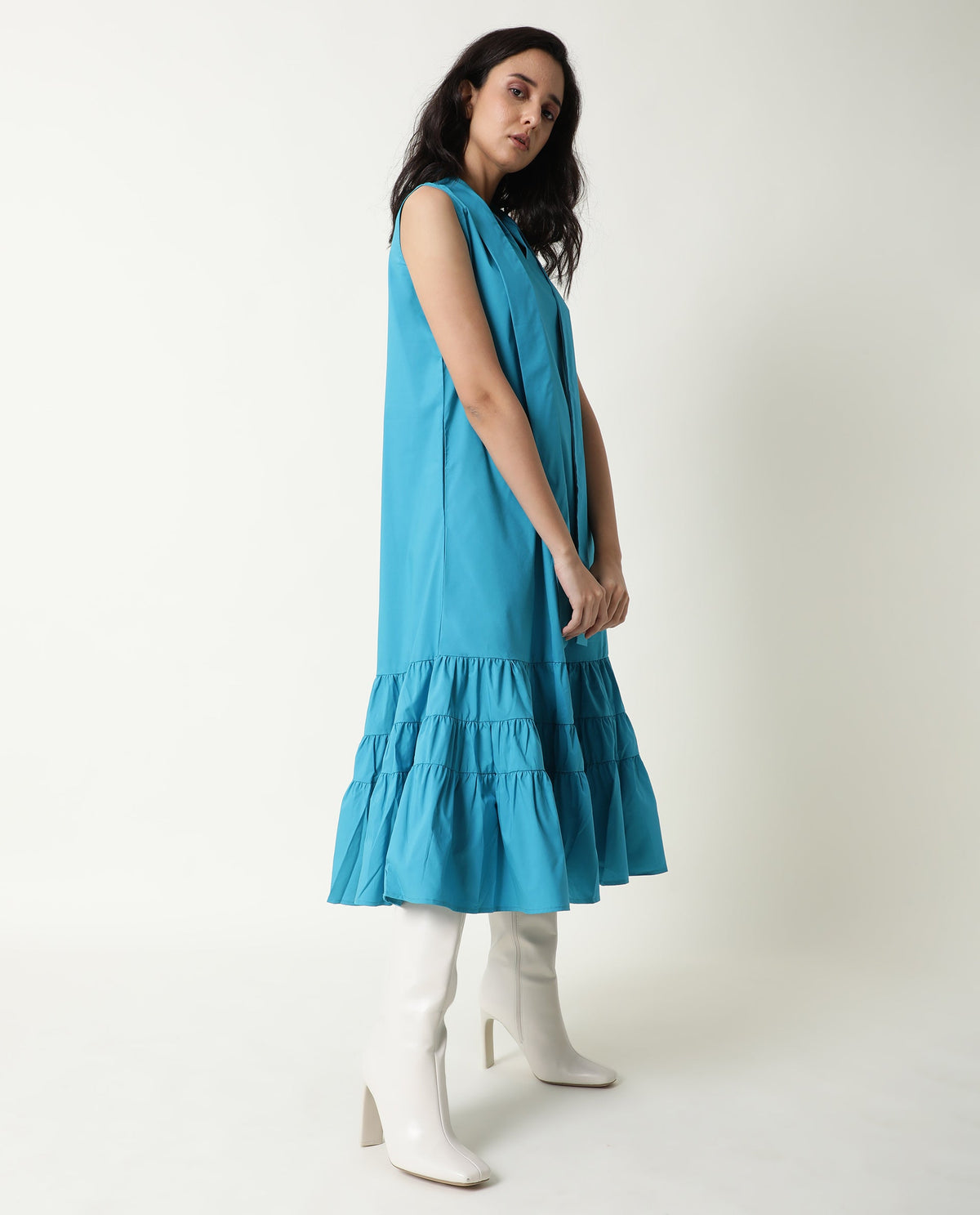 Rareism Women Gino Blue Tie Up Neck Sleeveless With Ruffled Hem And Pockets Maxi Dress