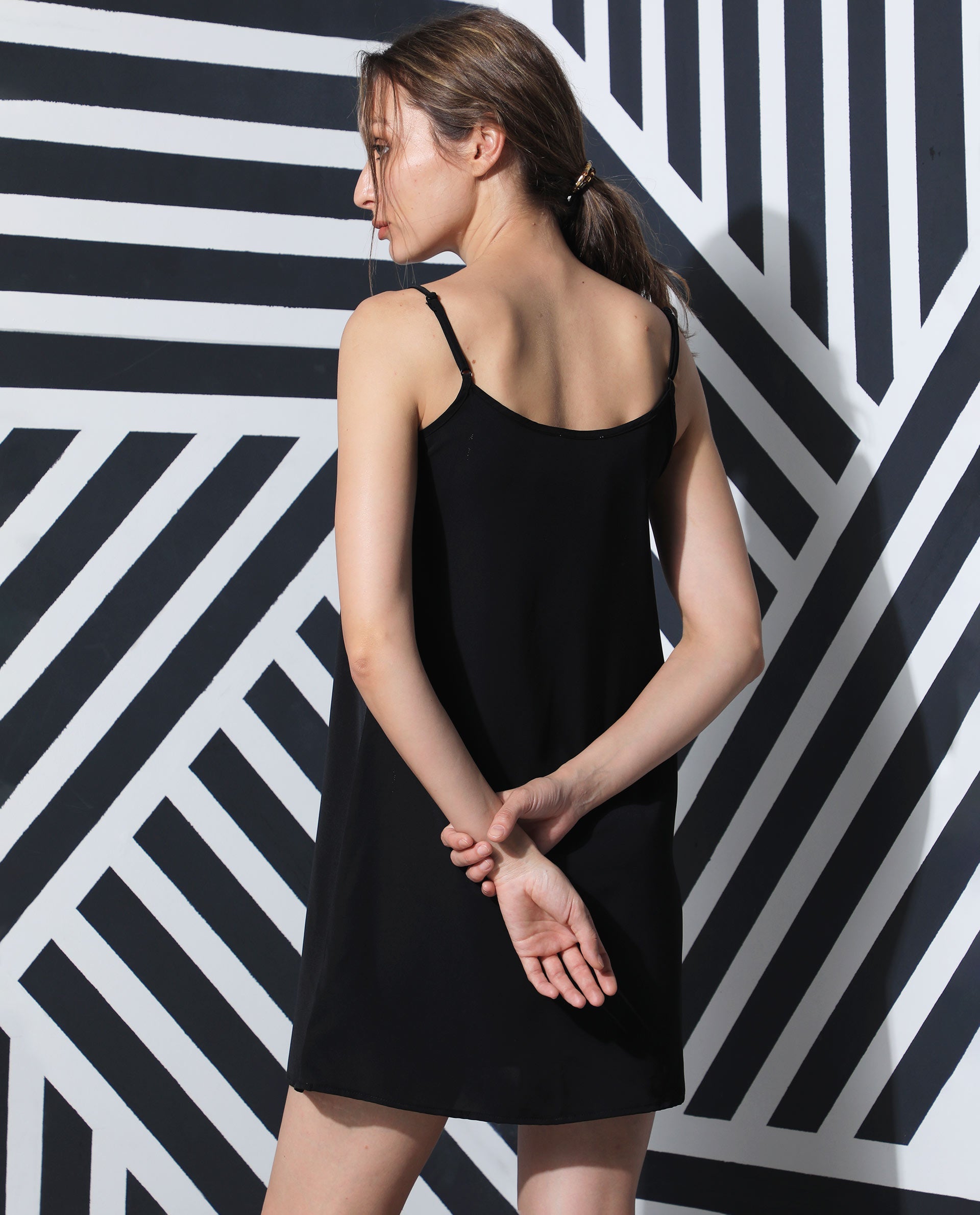 Rareism Women's Slipos Black Polyester V-Neck Plain Shoulder Strap Knee Length Regular Fit Inner Wear