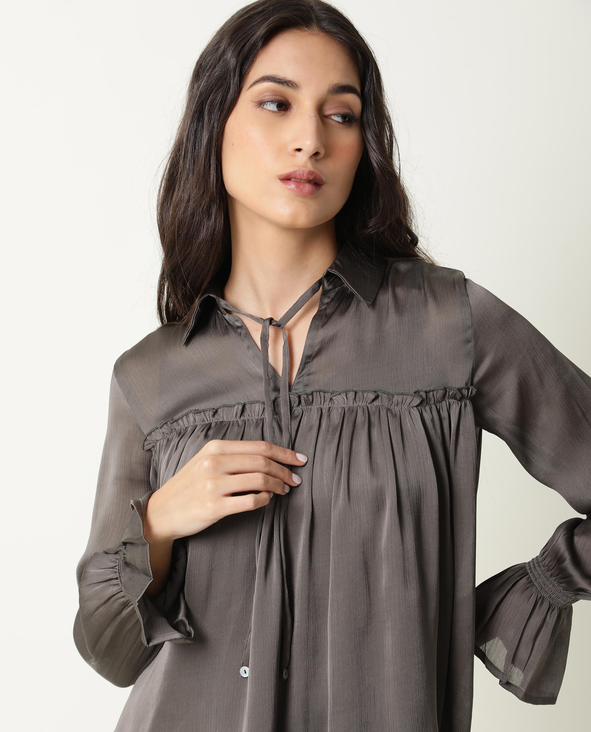 Rareism Womens Poetess Grey Top Polyester Fabric Full Sleeve Key Hole Neck