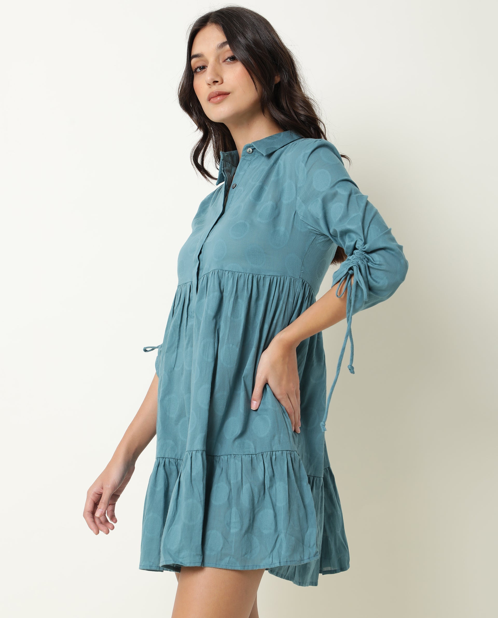 Rareism Womens Mascara Blue Dress Cotton Fabric Regular Fit 3/4 Sleeve Collared Neck