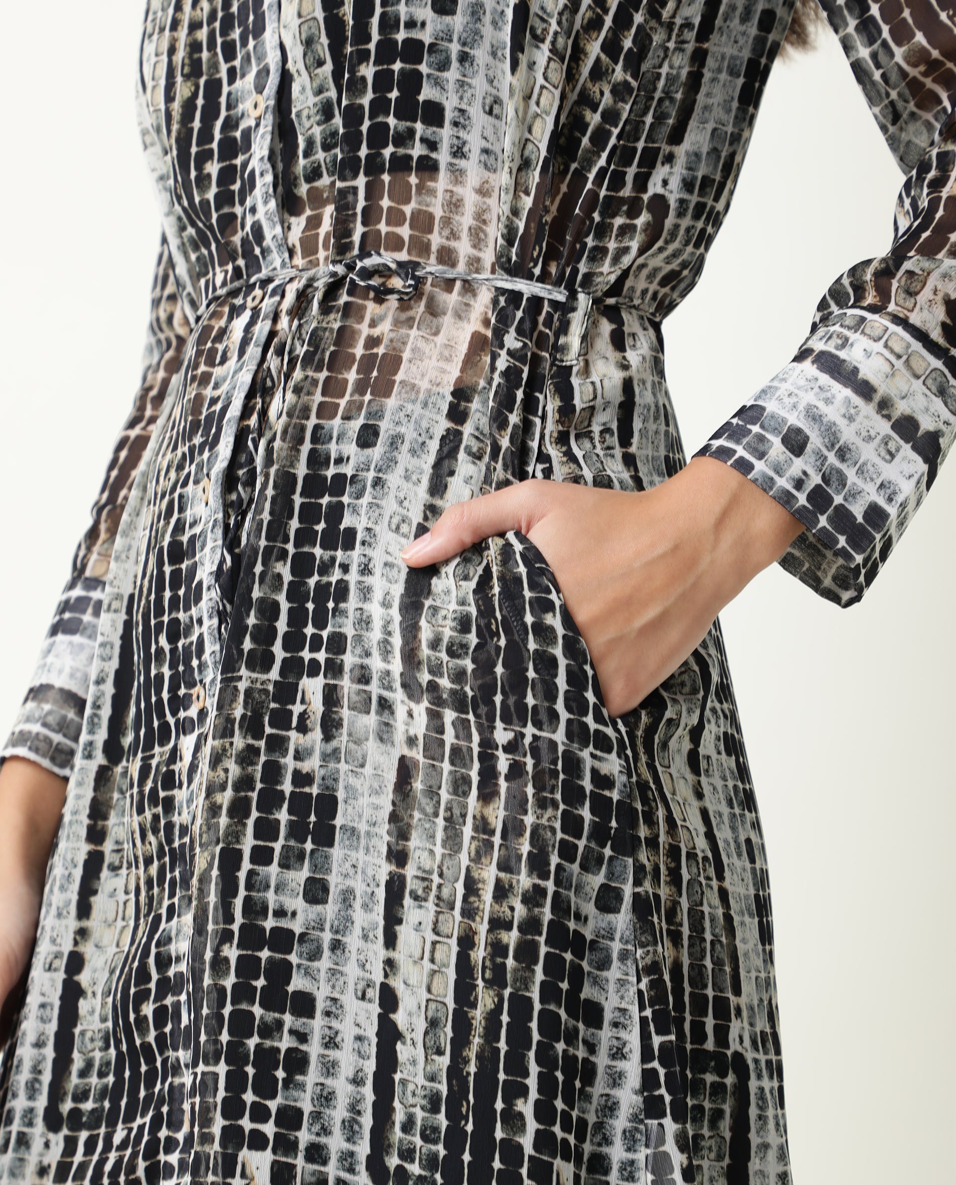 Rareism Women Ito Black Abstract Print Shirt Collar Full Sleeve Front Button Closure Placket Waist Tie Up Pocket Midi Dress