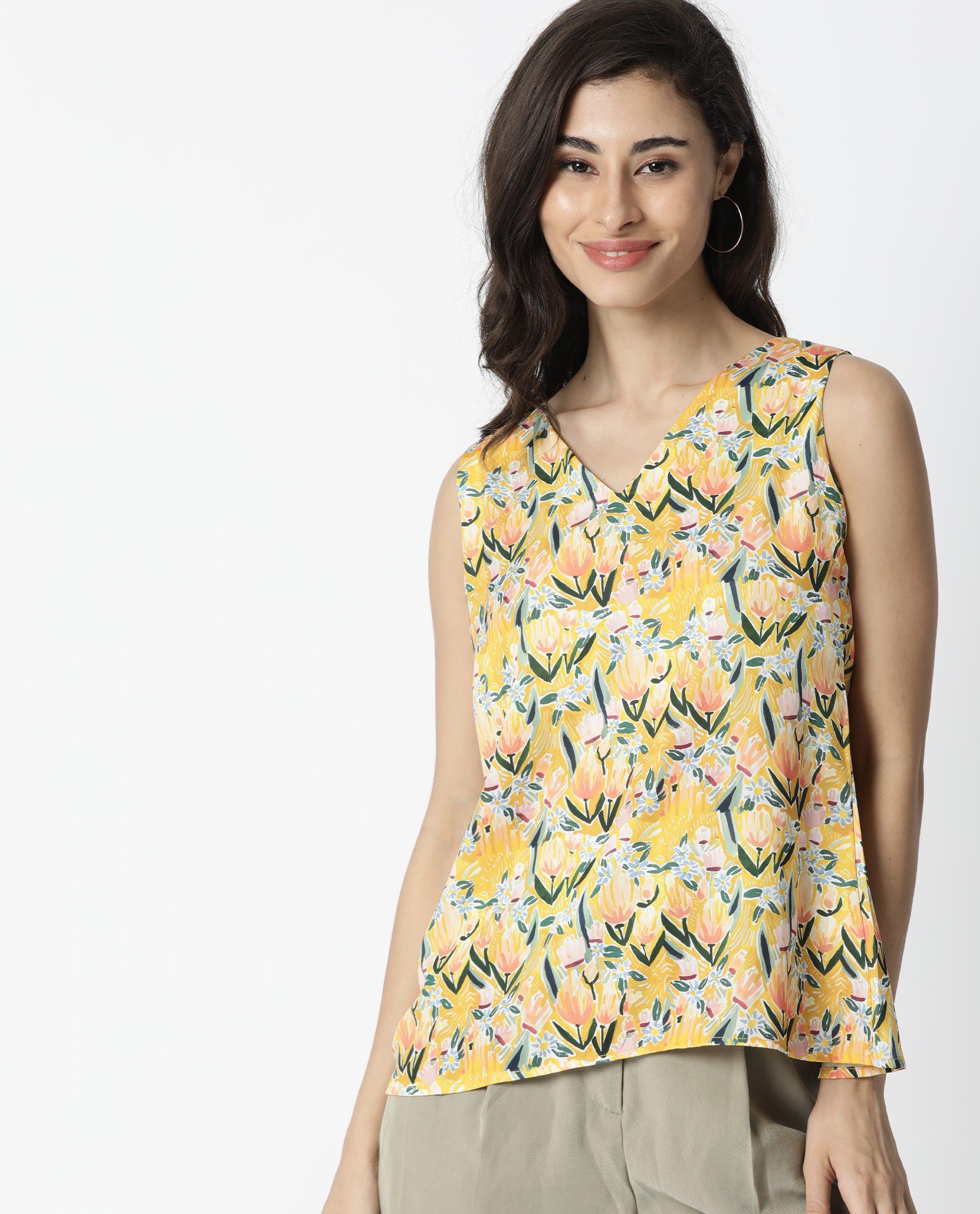 Rareism Women Look Yellow Relaxed Fit V-Neck Sleeveless Striped Top