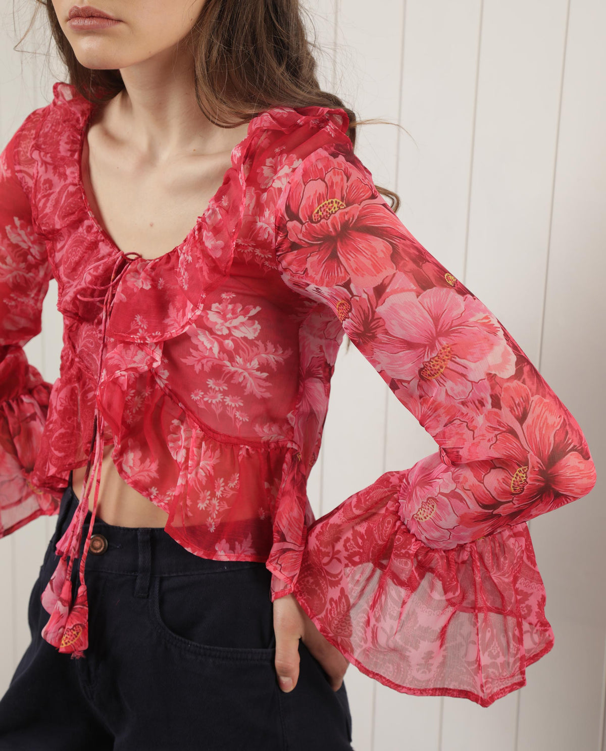 Rareism Women Myloh Maroon Polyester Fabric Full Sleeves Drawstring Closure V-Neck Bell Sleeve Regular Fit Floral Print Cropped Shrug