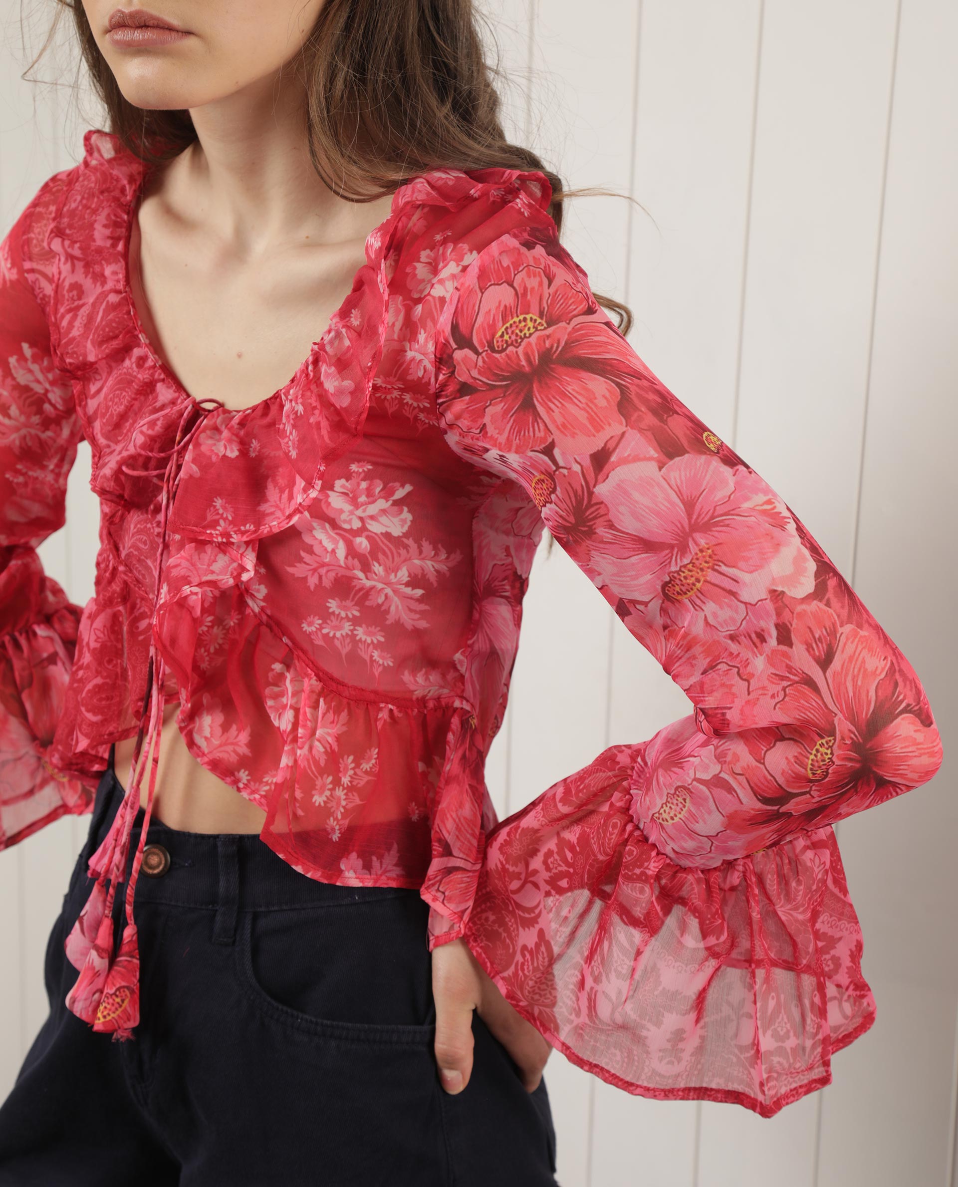 Rareism Women Myloh Maroon Polyester Fabric Full Sleeves Drawstring Closure V-Neck Bell Sleeve Regular Fit Floral Print Cropped Shrug