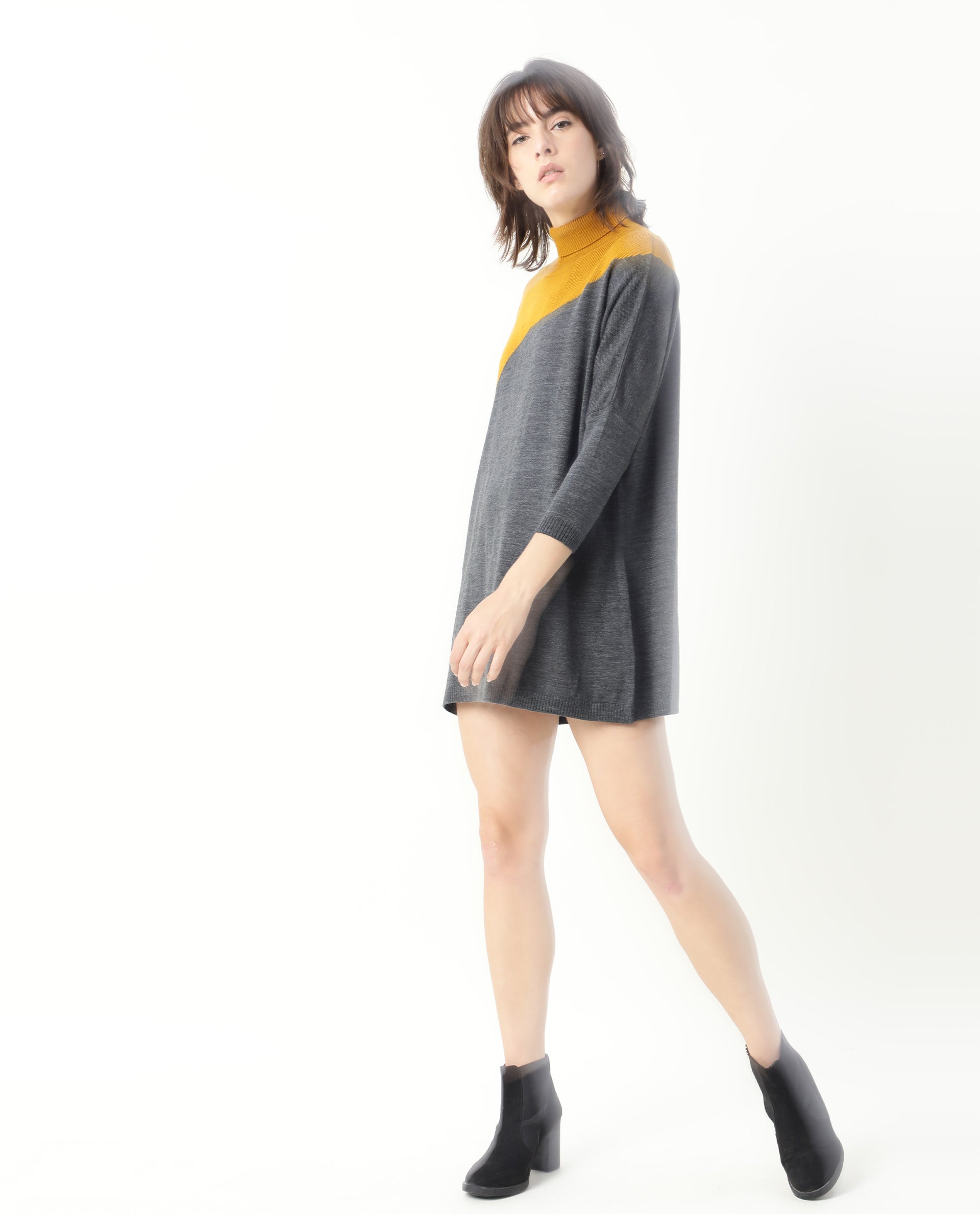 Rareism Women Spaton Grey Acrylic Fabric Full Sleeves Knee Length Regular Fit Color Blocked High Neck Sweater