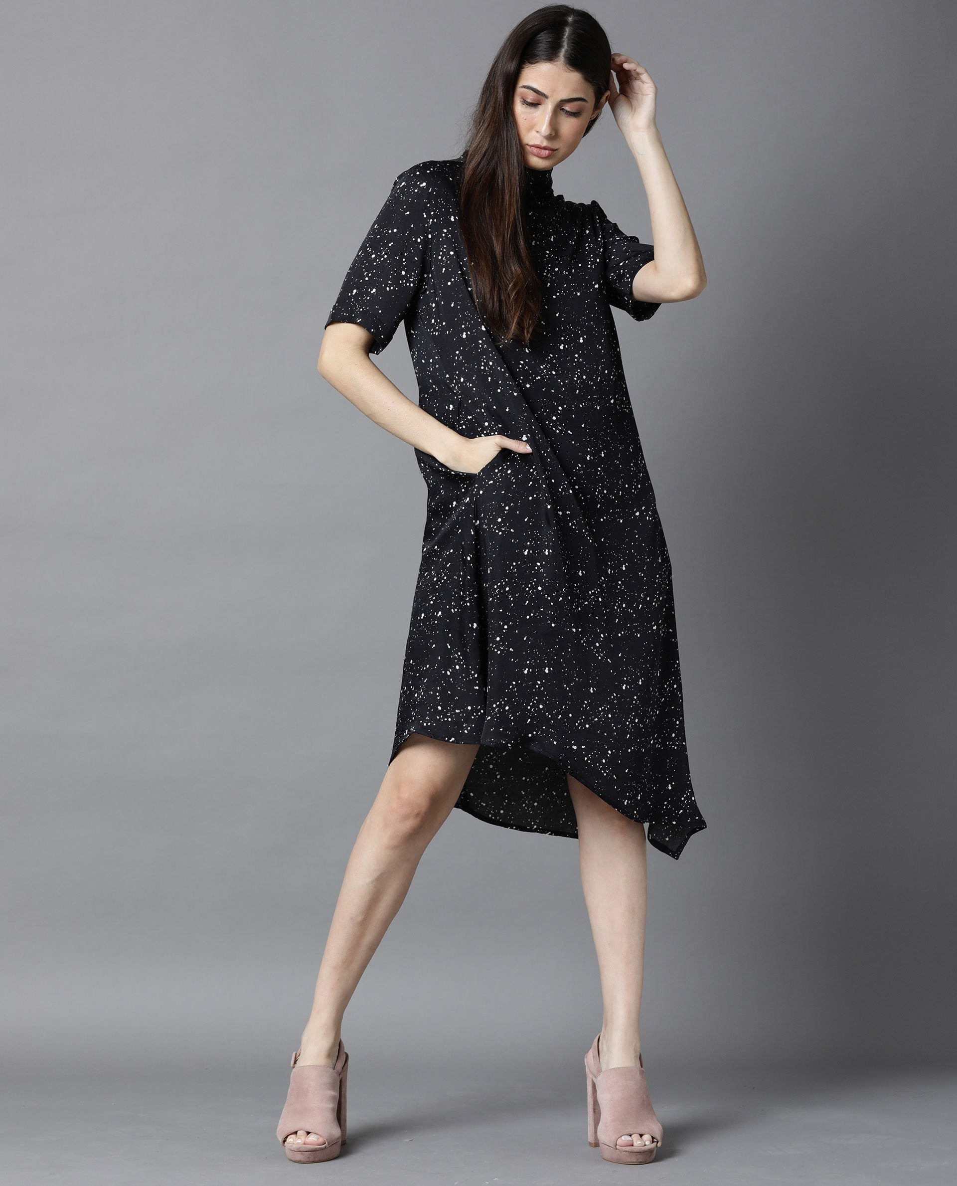 Rareism Women Kris Black Dress Short Sleeves Printed