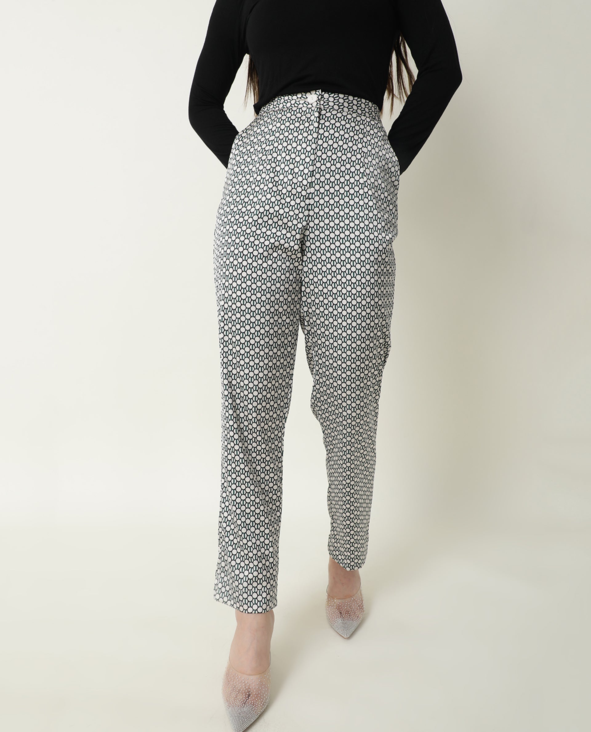 Rareism Women Malani Beige Modal Fabric Tailored Fit Mid Rise Geometric Print Ankle Length Trousers