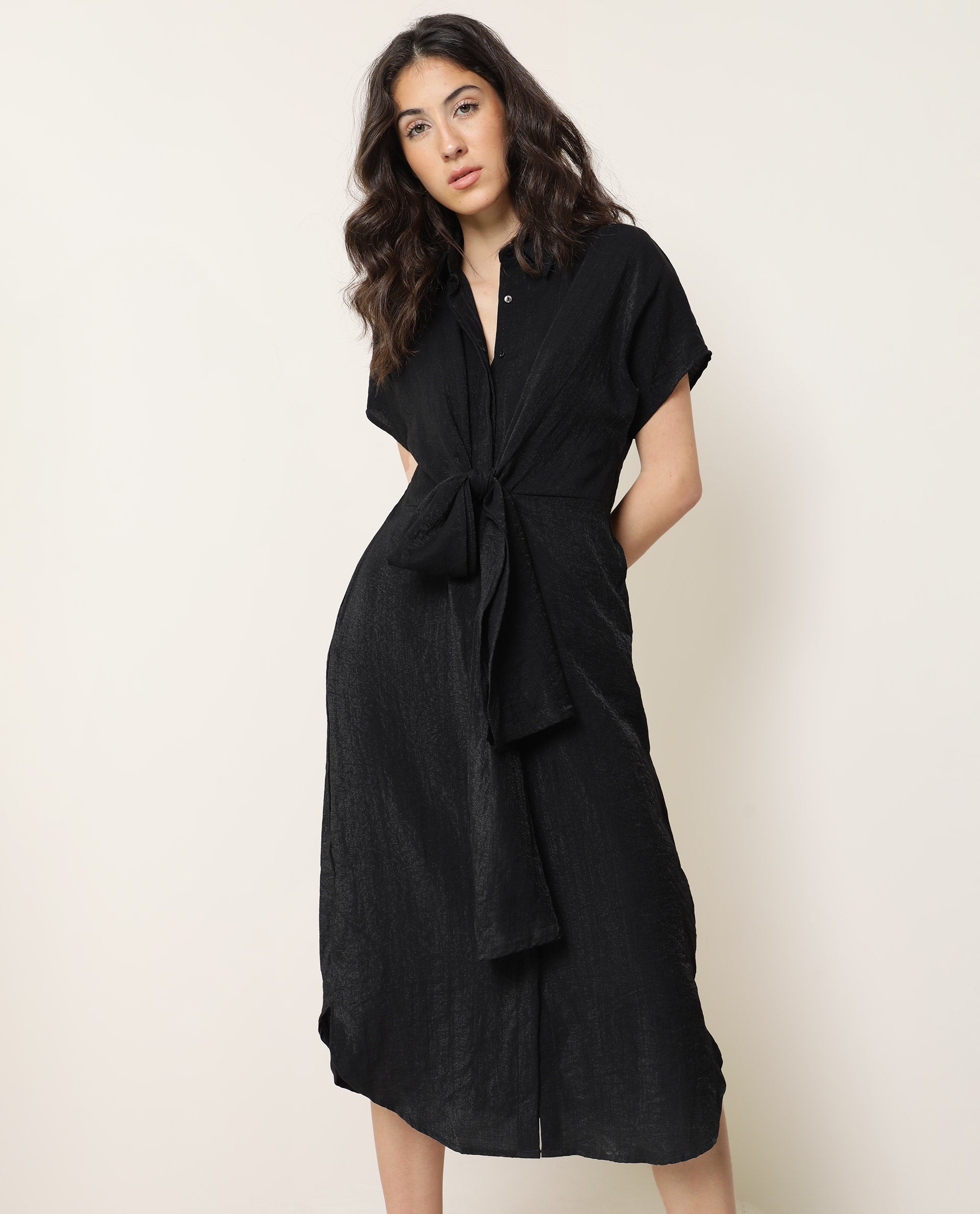Rareism Women Kori Black Dress Rayon Nylon Fabric Full Sleeves Solid