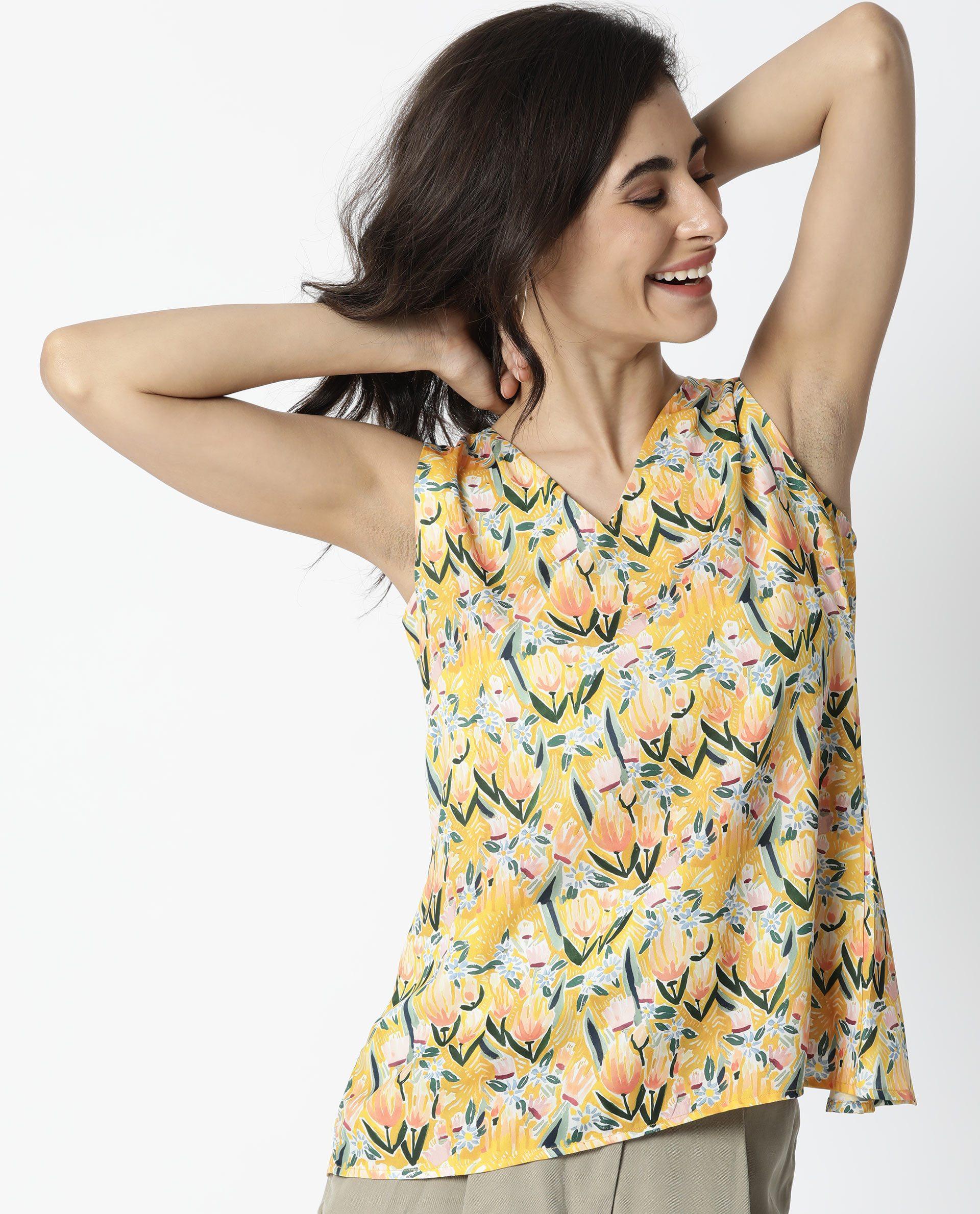 Rareism Women's Look Yellow V-Neck Floral Print Sleeveless Relaxed Fit Top