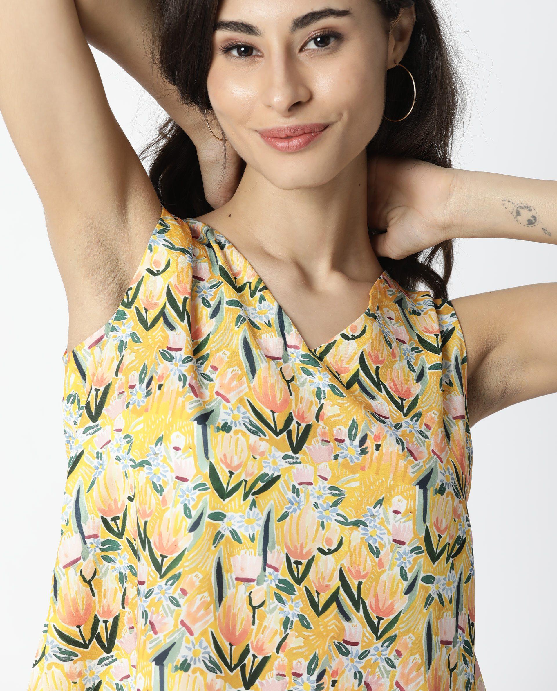 Rareism Women's Look Yellow V-Neck Floral Print Sleeveless Relaxed Fit Top
