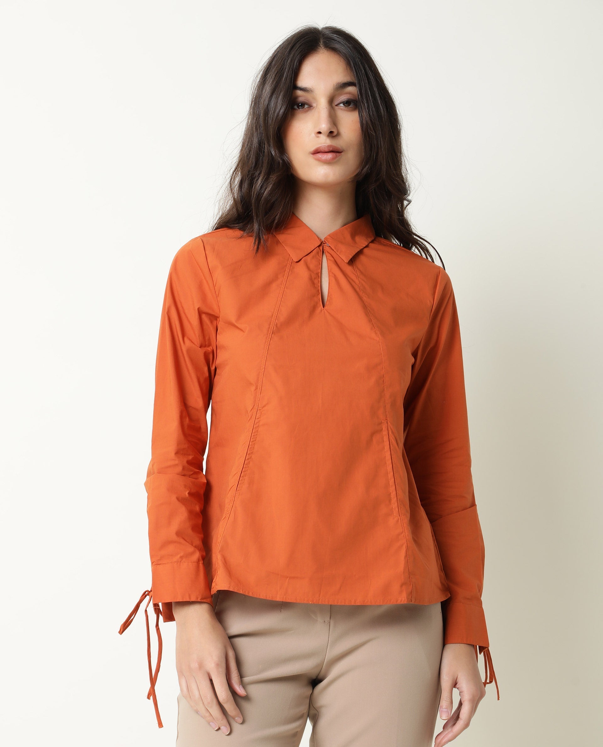 Rareism Women's Merge Rust Spread Collar Plain Knee Length Regular Fit Top