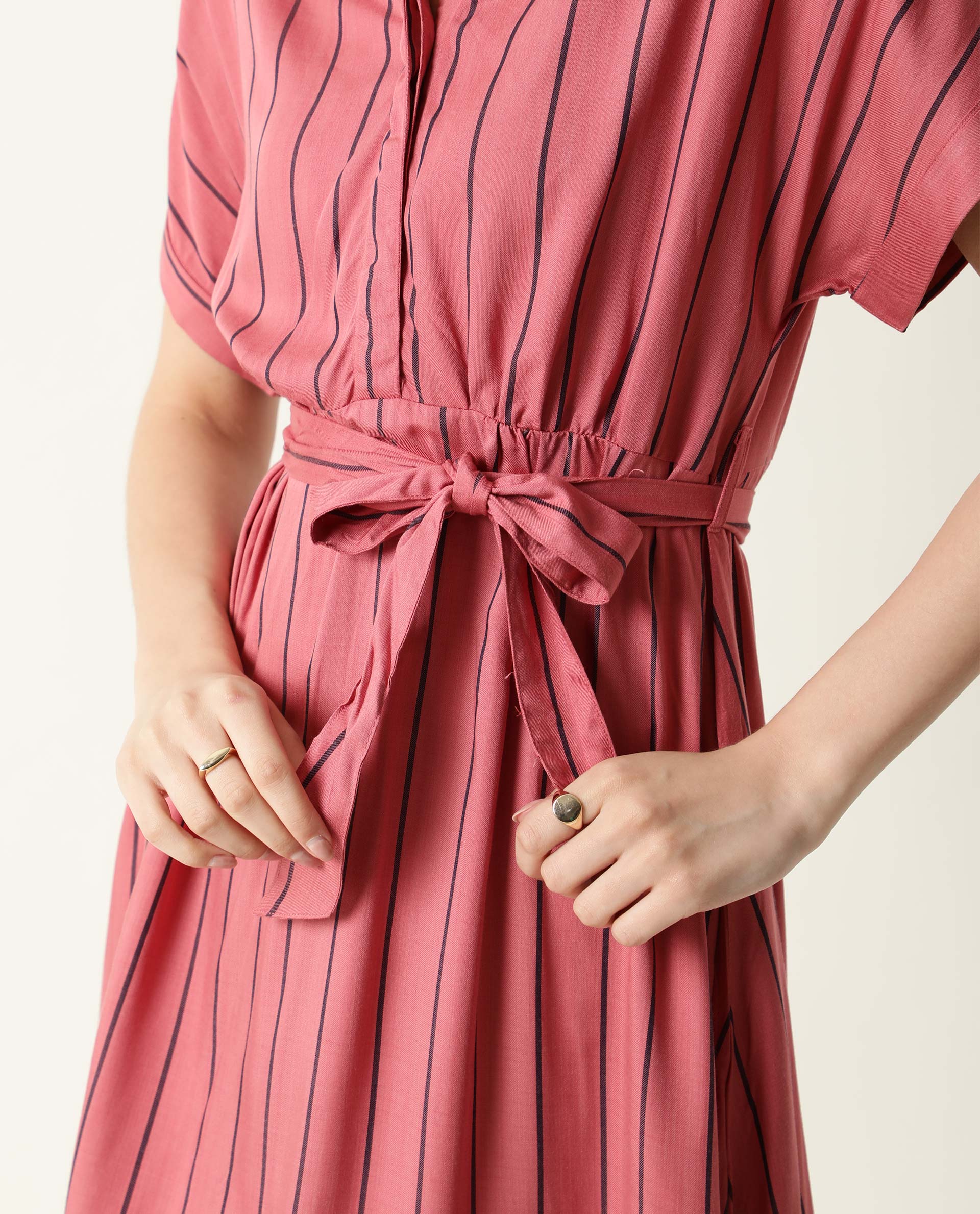 Rareism Women's Tudor Pink Mandarin Collar Striped Knee Length Relaxed Fit Dress