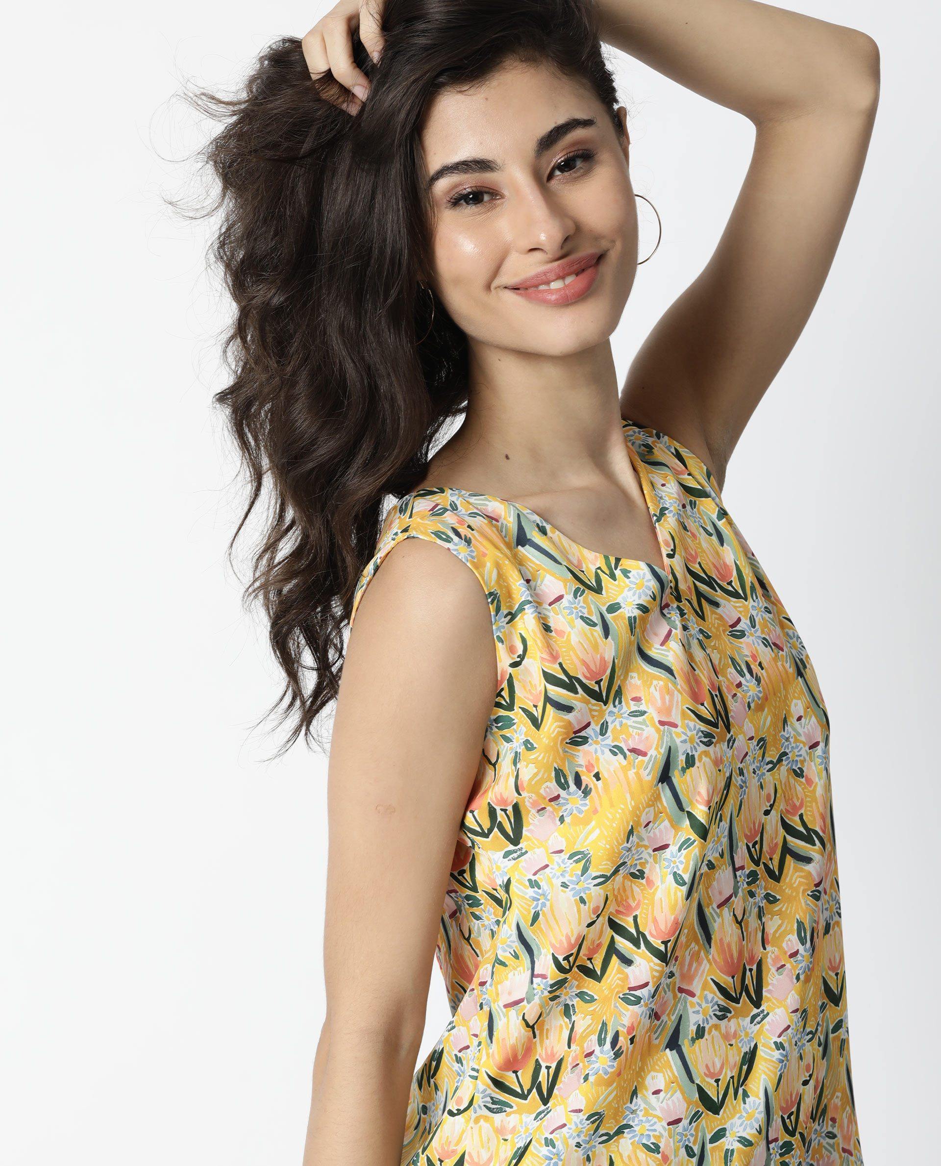 Rareism Women Look Yellow Relaxed Fit V-Neck Sleeveless Striped Top