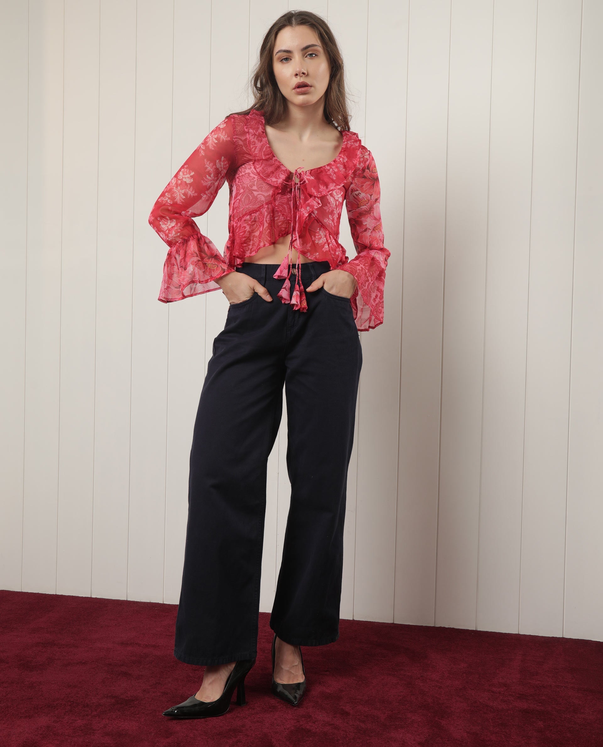 Rareism Women Myloh Maroon Polyester Fabric Full Sleeves Drawstring Closure V-Neck Bell Sleeve Regular Fit Floral Print Cropped Shrug