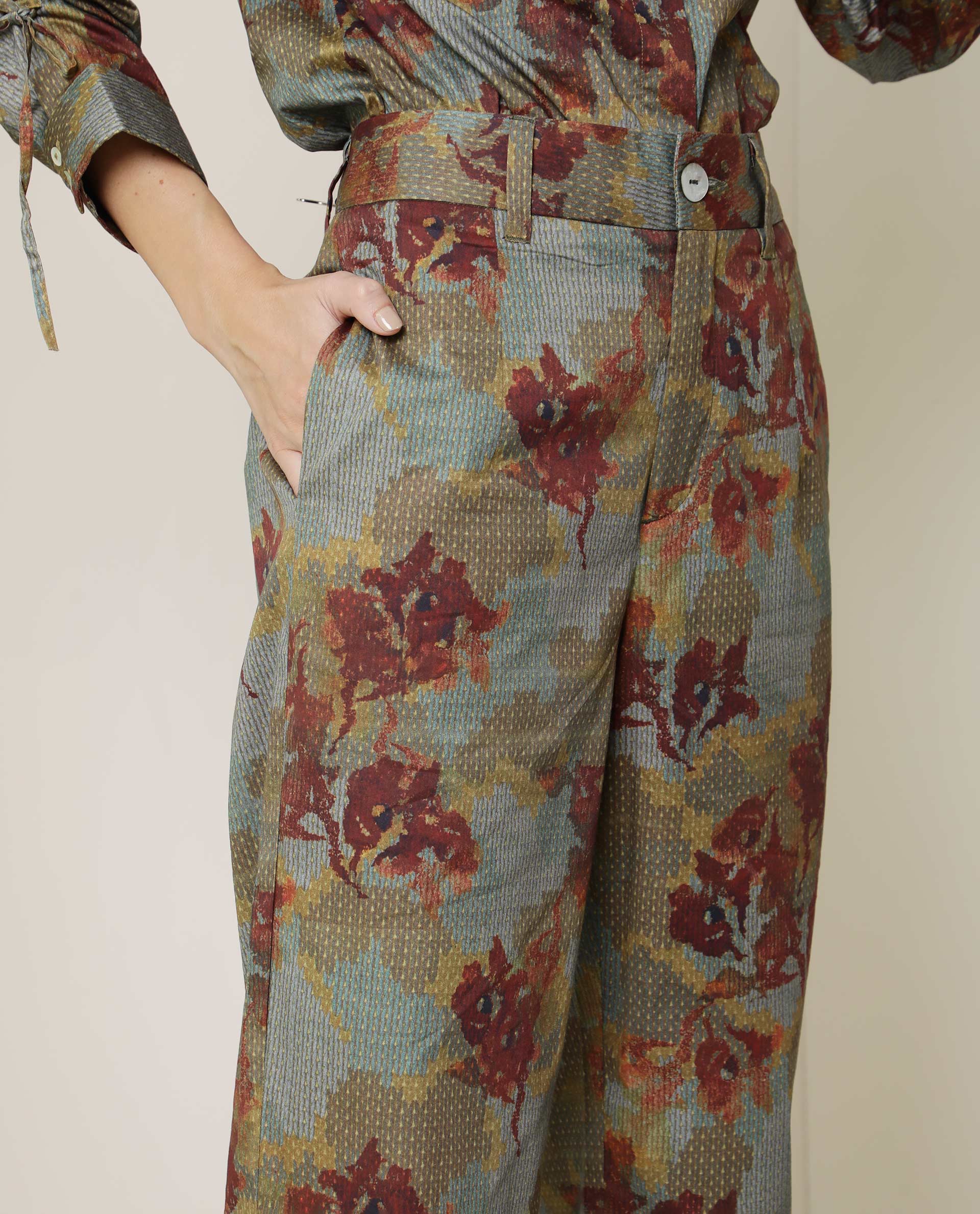 Rareism Women Milan Dark Olive Cotton Fabric Button Fly Closure Tailored Fit Floral Print Ankle Length Trousers