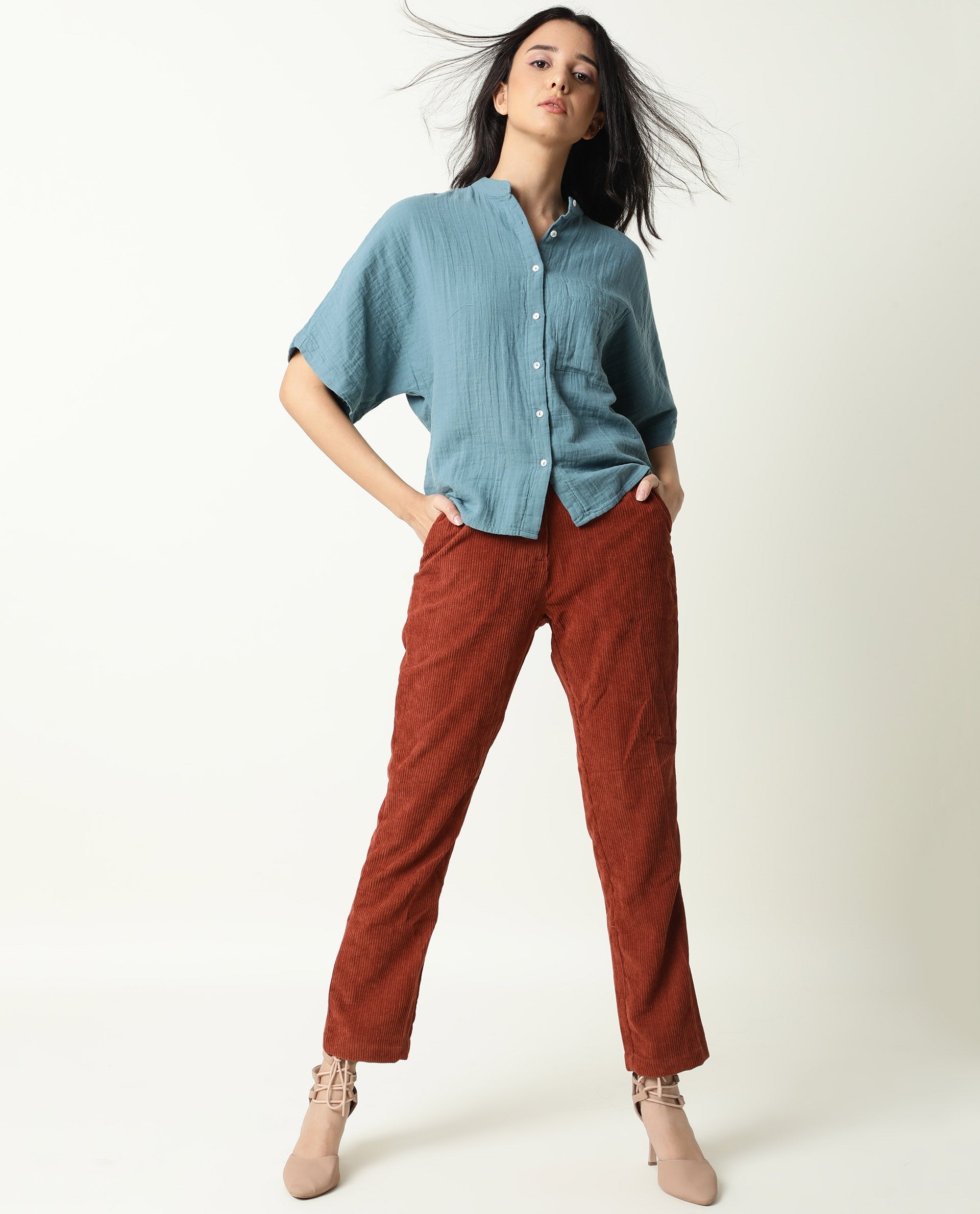 Rareism Womens Imro Green Top Cotton Fabric Regular Fit Regular Sleeves Mandarin Neck