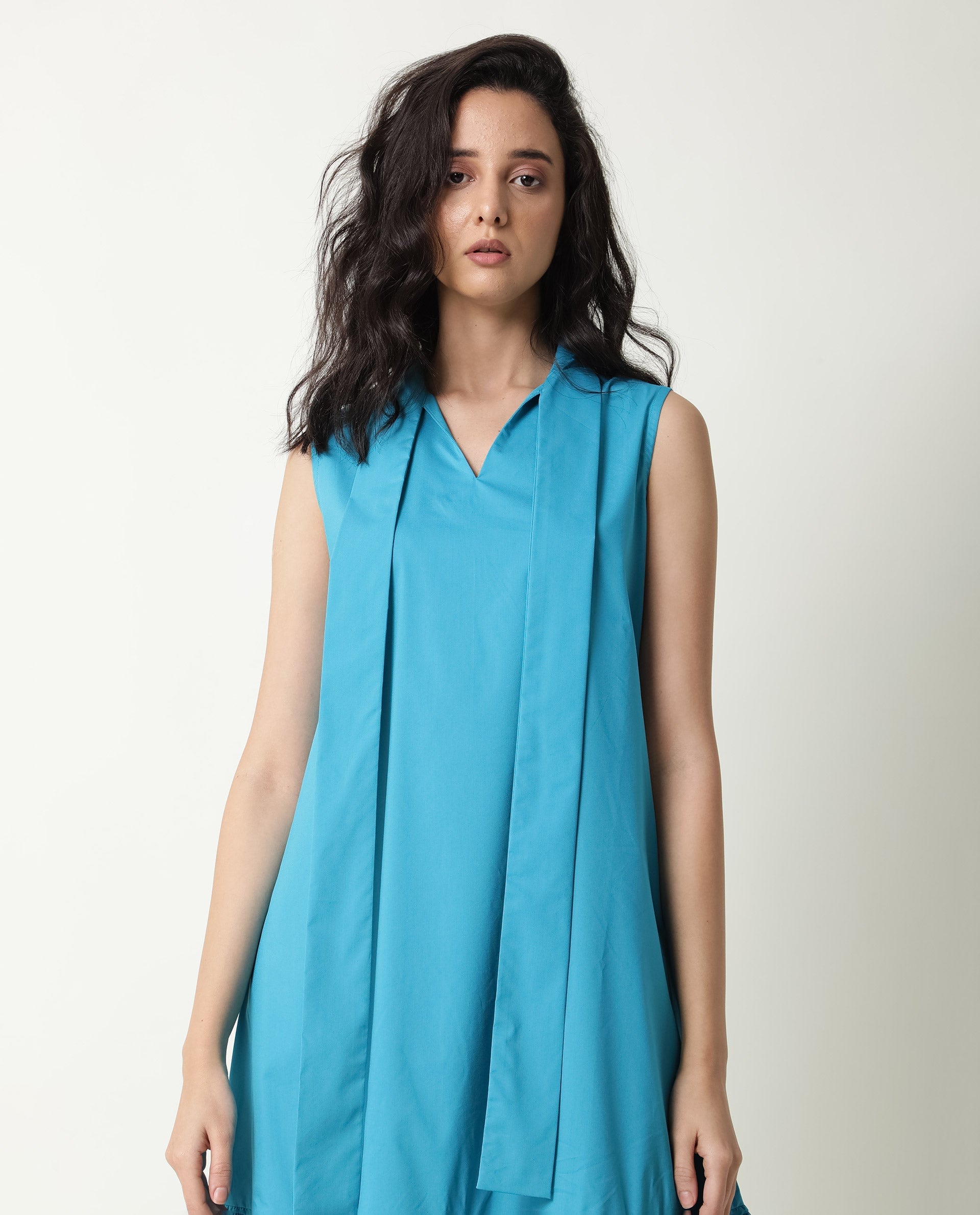 Rareism Women's Gino Blue Polyester Blend Tie-Up Neck Plain Sleeveless Knee Length Regular Fit Dress