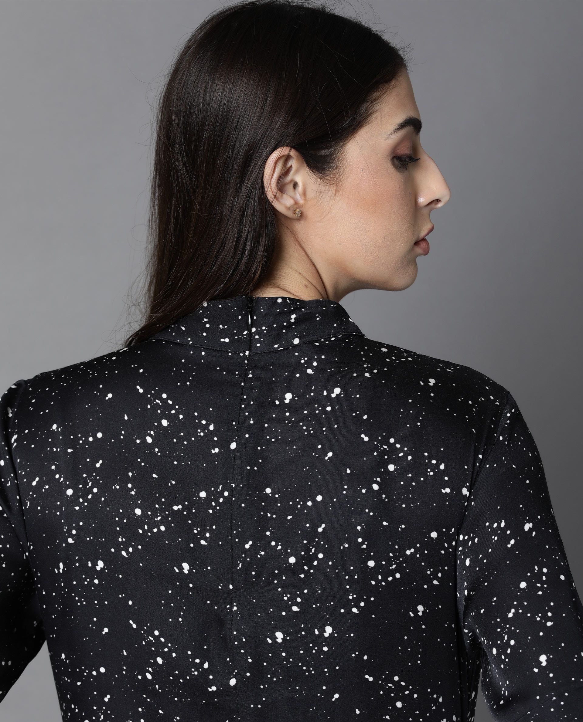 Rareism Women Kris Black Dress Short Sleeves Printed