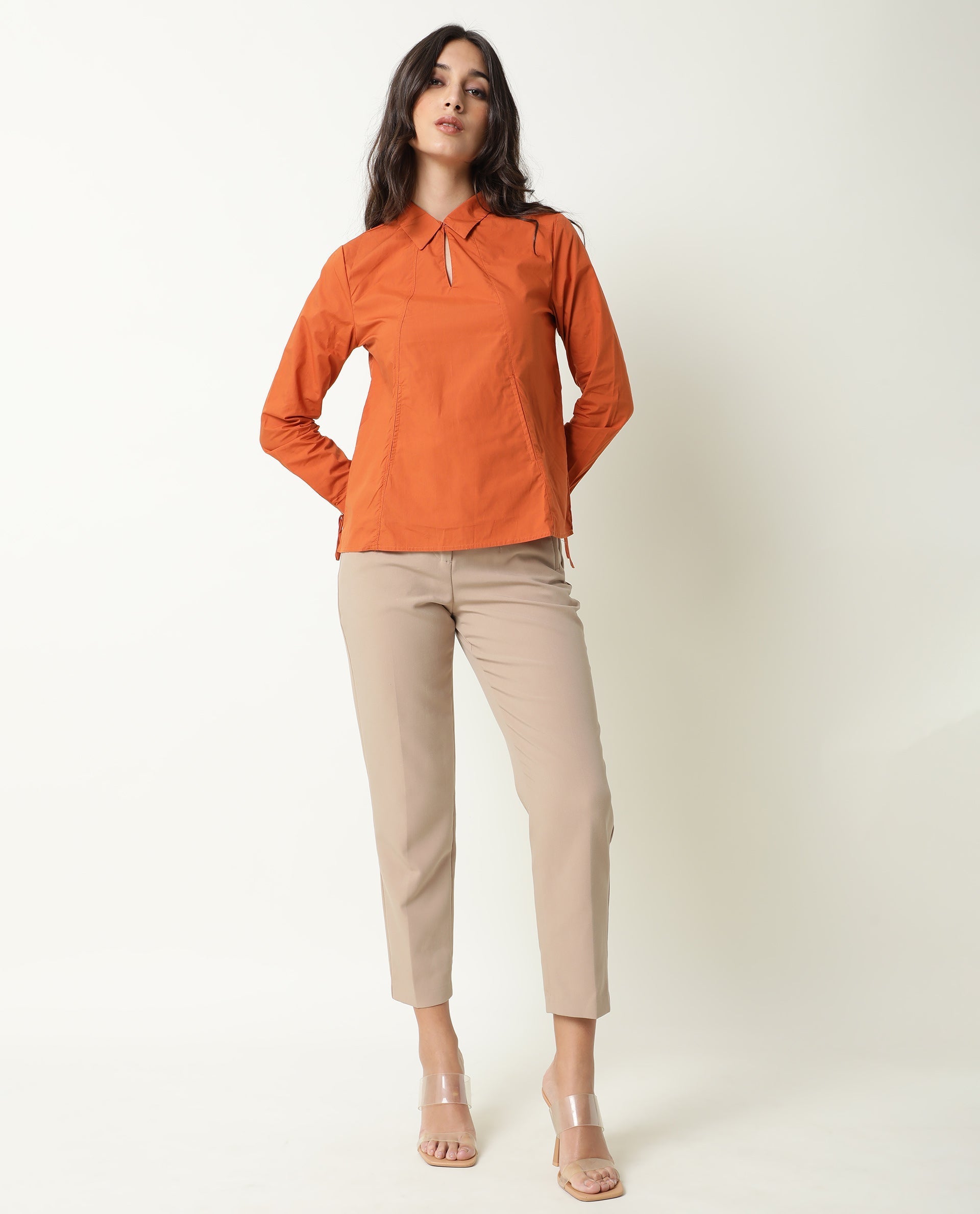 Rareism Women's Merge Rust Spread Collar Plain Knee Length Regular Fit Top