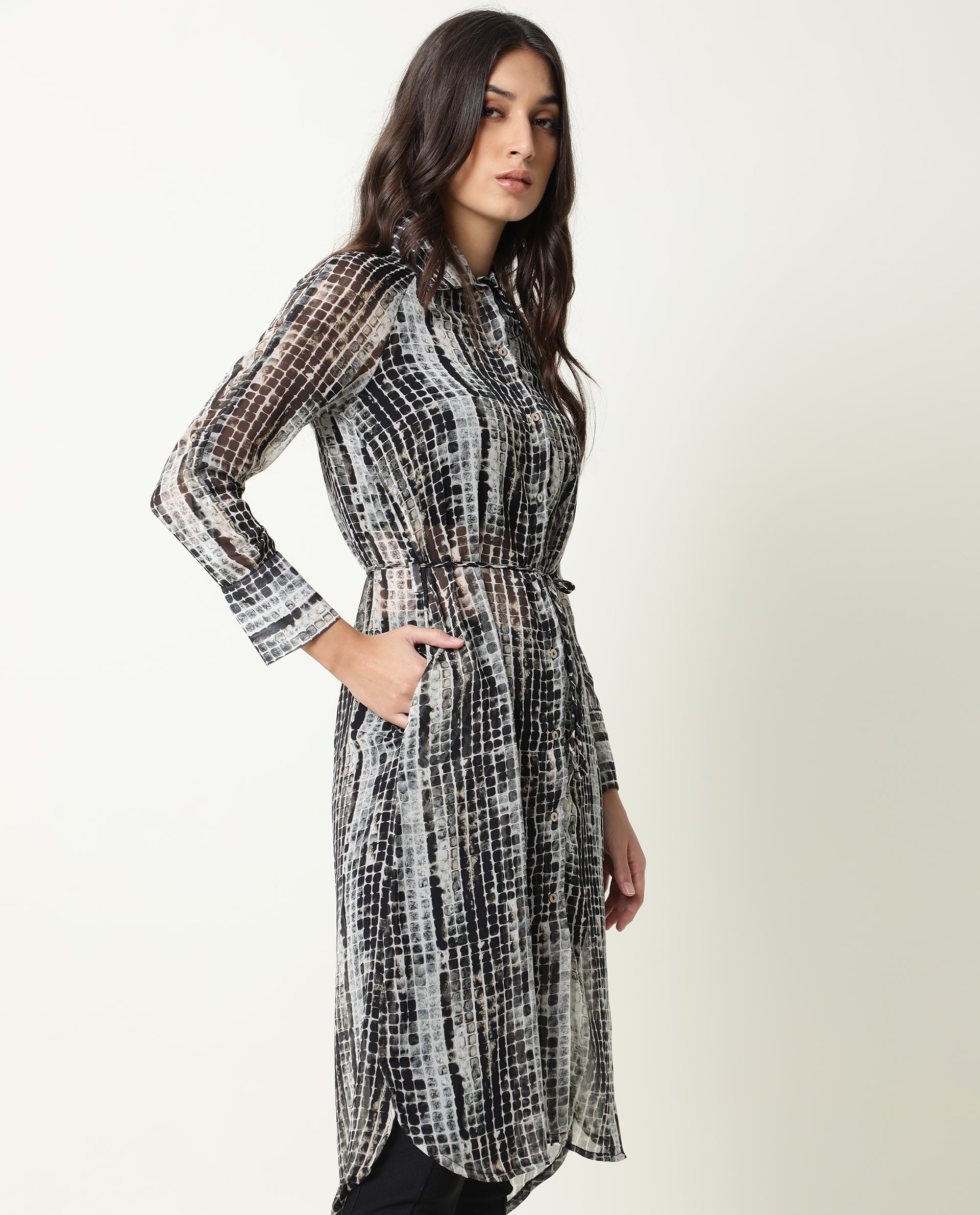 Rareism Women Ito Black Abstract Print Shirt Collar Full Sleeve Front Button Closure Placket Waist Tie Up Pocket Midi Dress