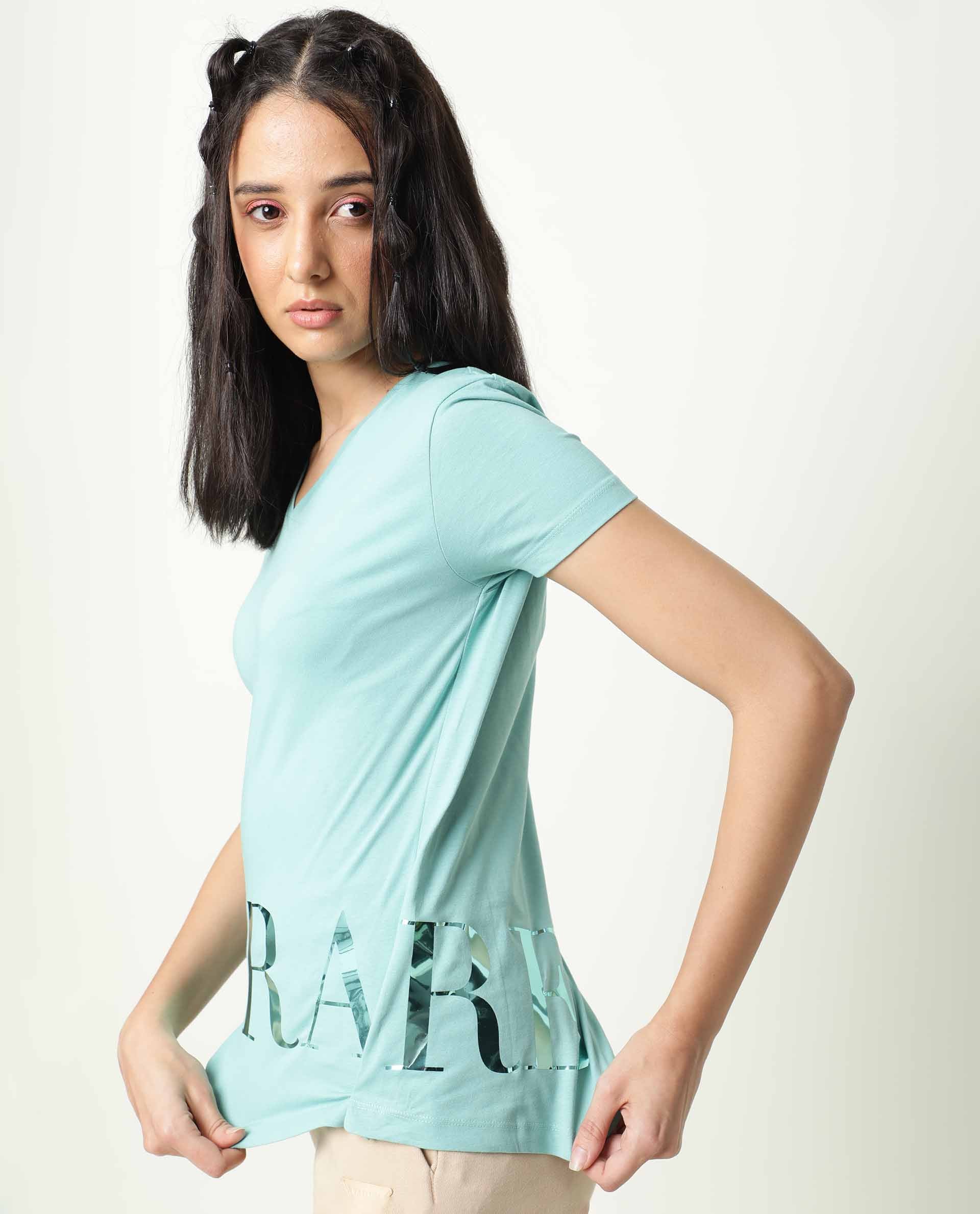 Rareism Women's Donovan Green Cotton Crew Neck Graphic Print Regular Fit T-Shirt
