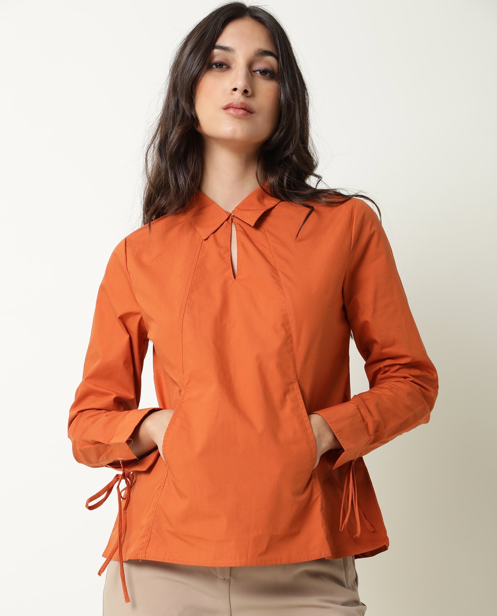 Rareism Women's Merge Rust Spread Collar Plain Knee Length Regular Fit Top