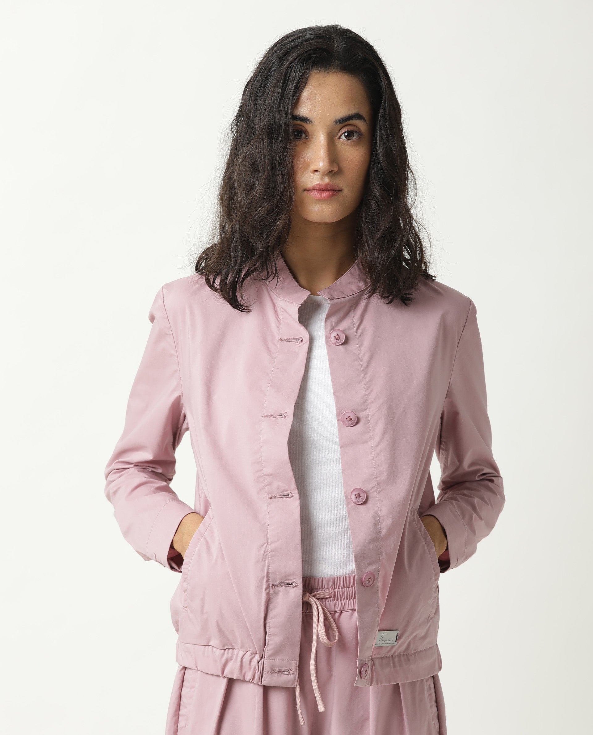 Rareism Women's Aomori Pink Polyester Blend Mandarin Collar Plain Regular Fit Jacket