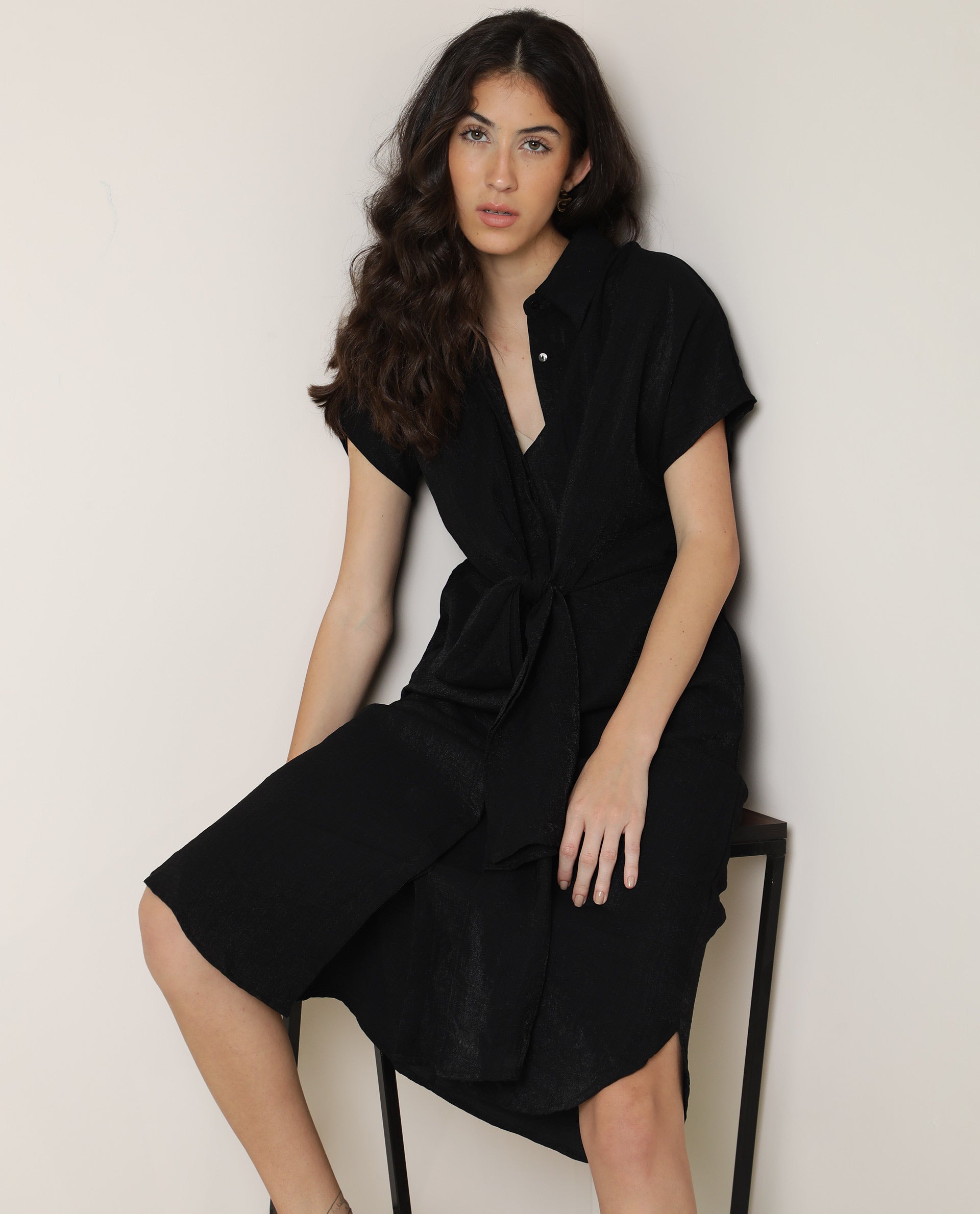Rareism Women Kori Black Dress Rayon Nylon Fabric Full Sleeves Solid