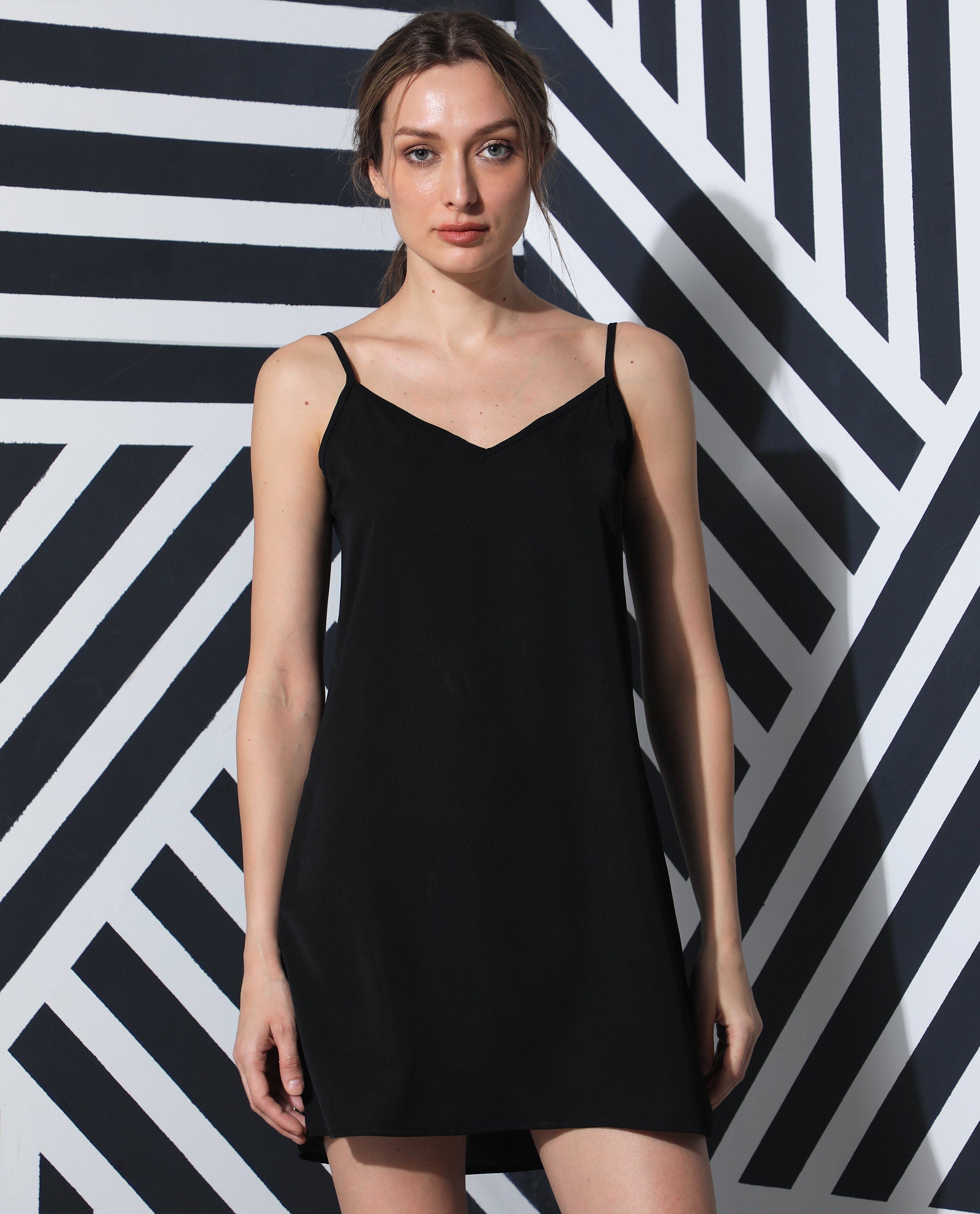 Rareism Women's Slipos Black Polyester V-Neck Plain Shoulder Strap Knee Length Regular Fit Inner Wear