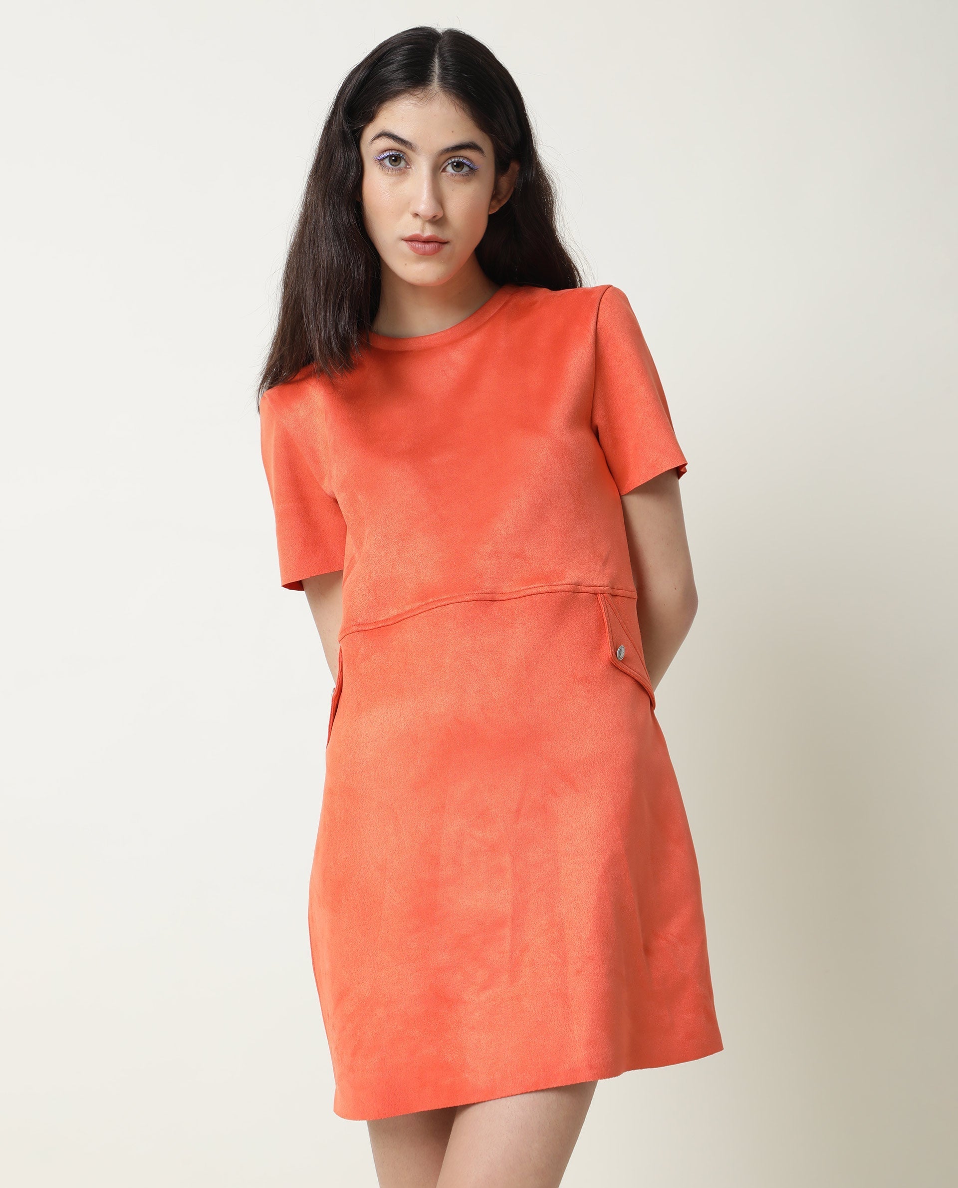 Rareism Women's Sions Orange Polyester Crew Neck Plain Knee Length Tailored Dress