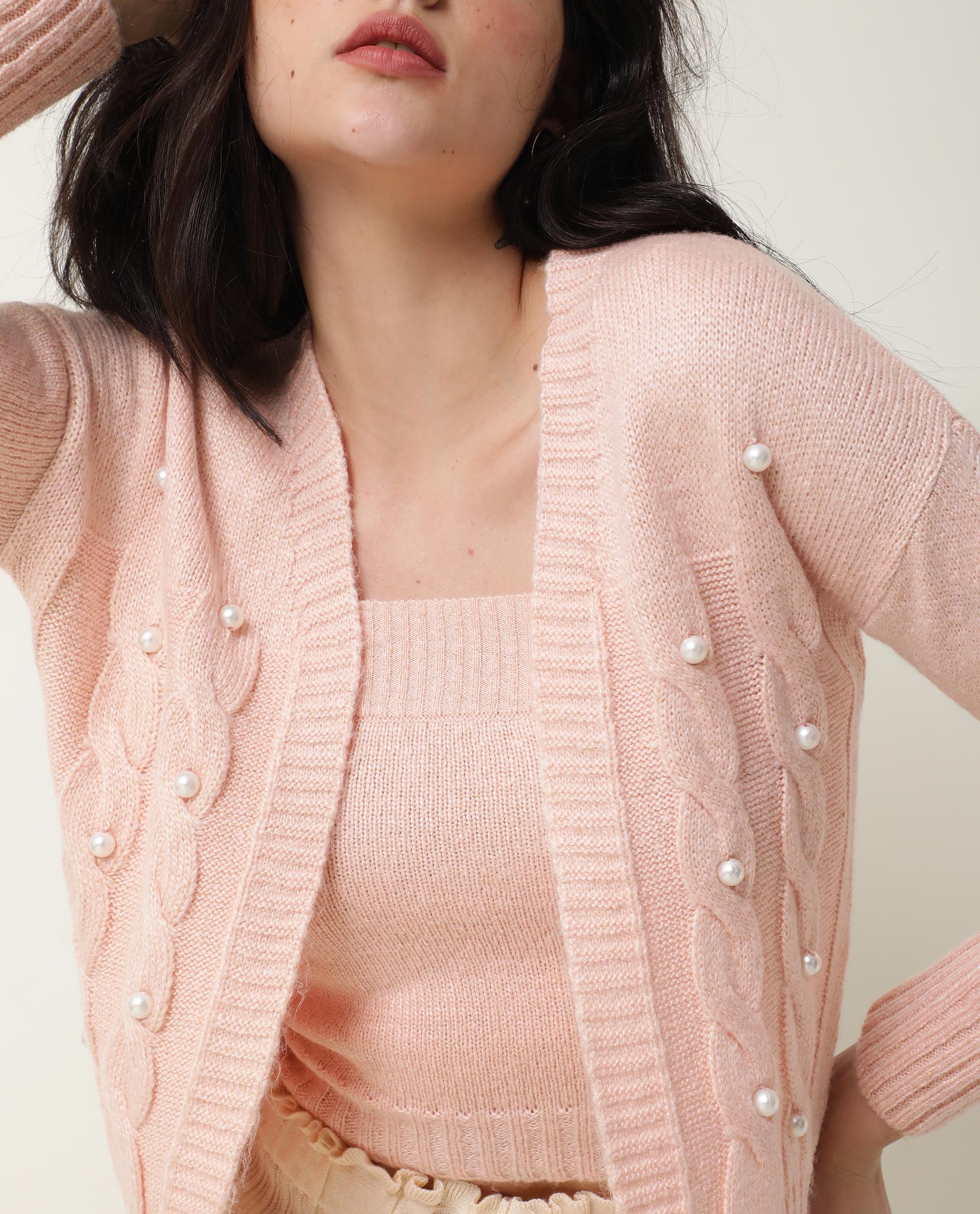 Rareism Women Tunnel Light Pink Viscose Fabric Full Sleeves Regular Fit Solid Collarless Sweater