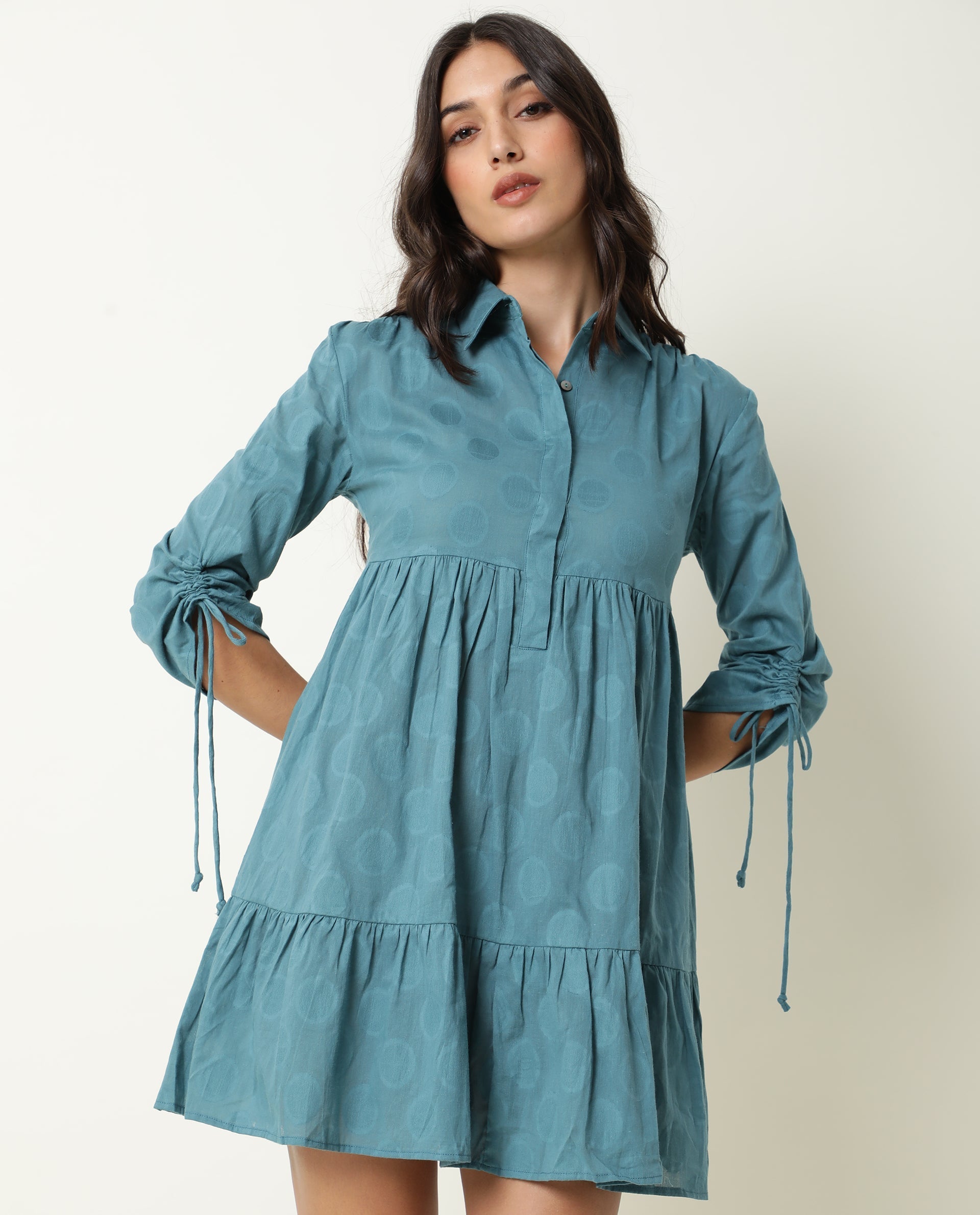 Rareism Womens Mascara Blue Dress Cotton Fabric Regular Fit 3/4 Sleeve Collared Neck