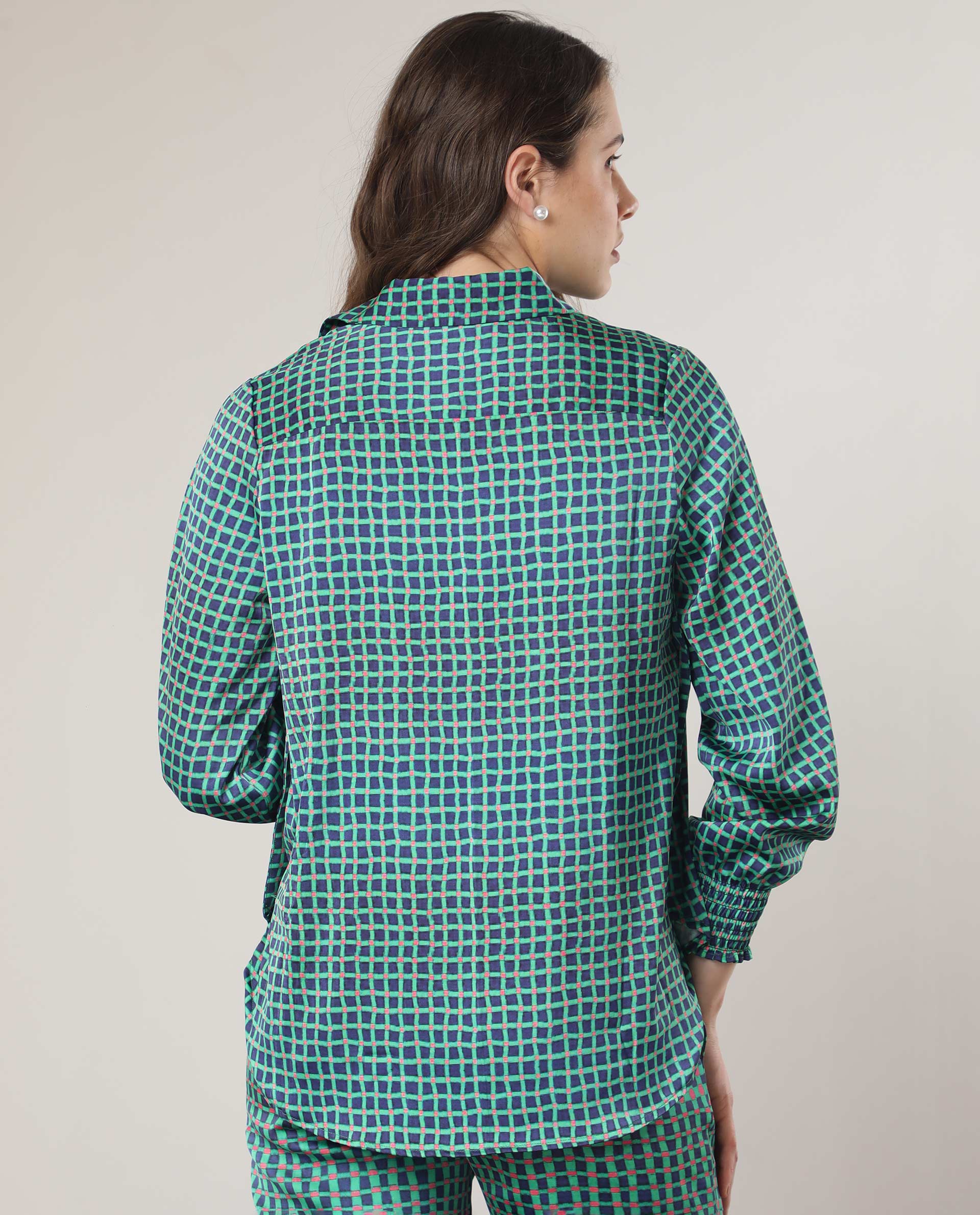 Rareism Women's Emileo Green Polyester Spread Collar Geometric Print Relaxed Fit Top