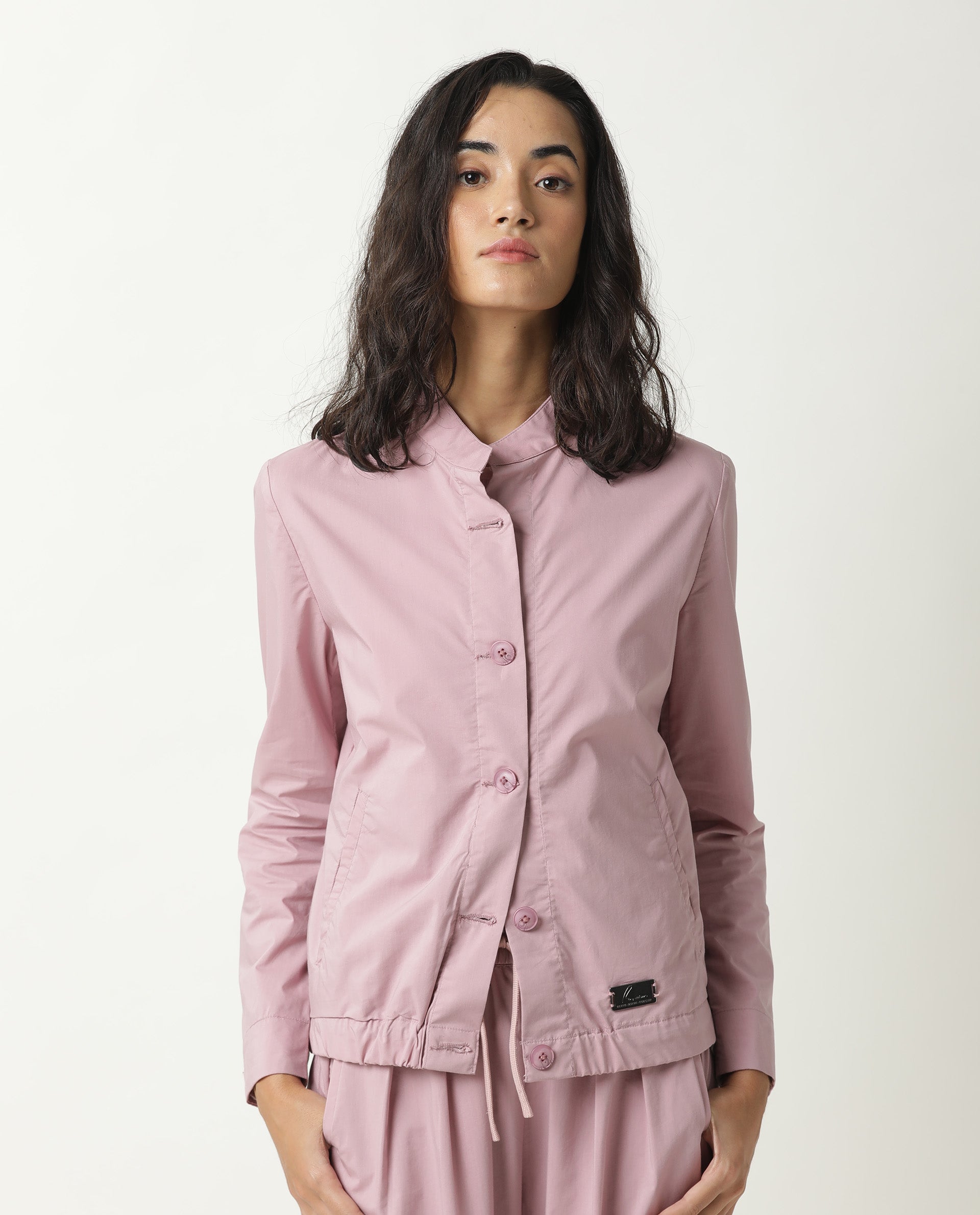 Rareism Women's Aomori Pink Polyester Blend Mandarin Collar Plain Regular Fit Jacket