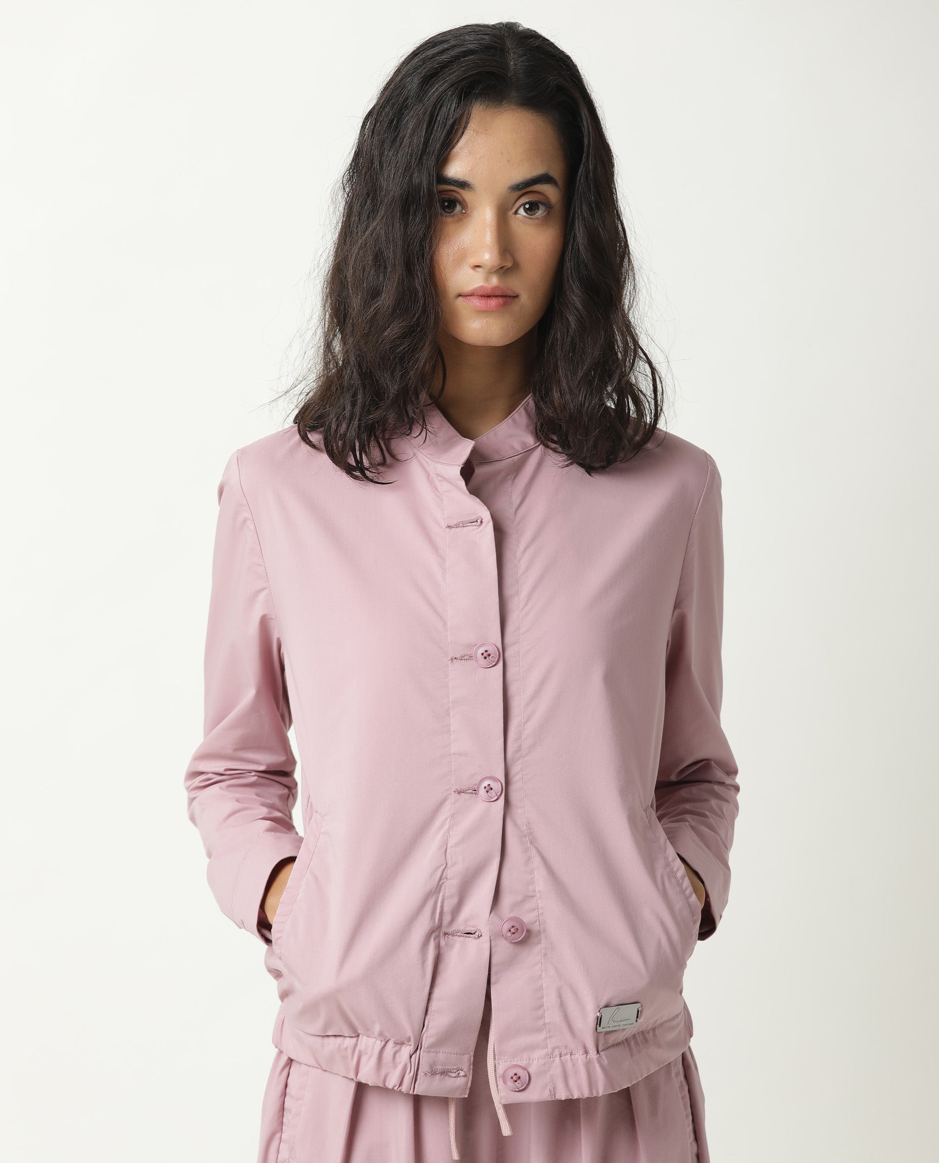 Rareism Women Aomori Pastel Purple Poly Lycra Fabric Full Sleeves Solid Mandarin Collar Jacket