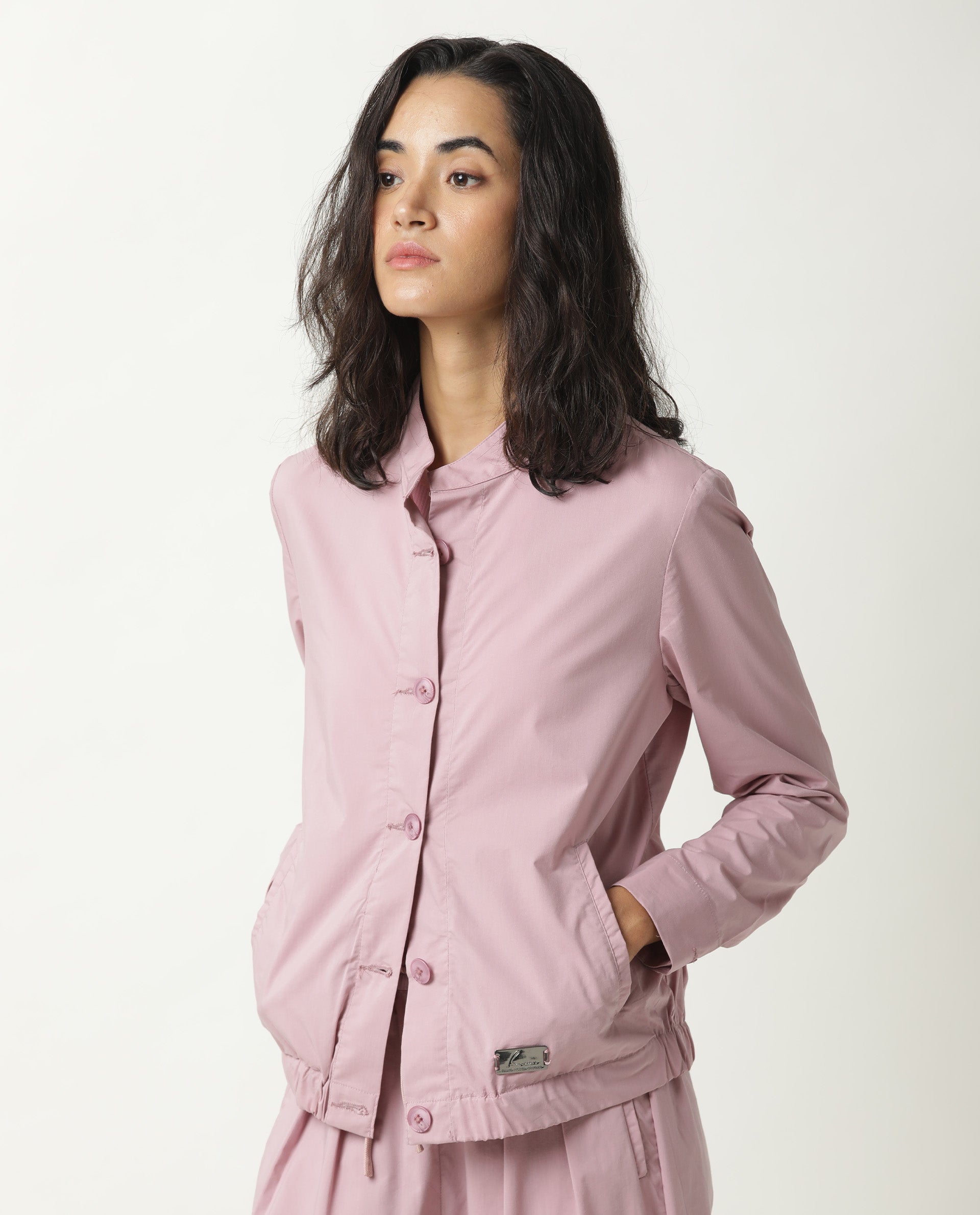 Rareism Women Aomori Pastel Purple Poly Lycra Fabric Full Sleeves Solid Mandarin Collar Jacket