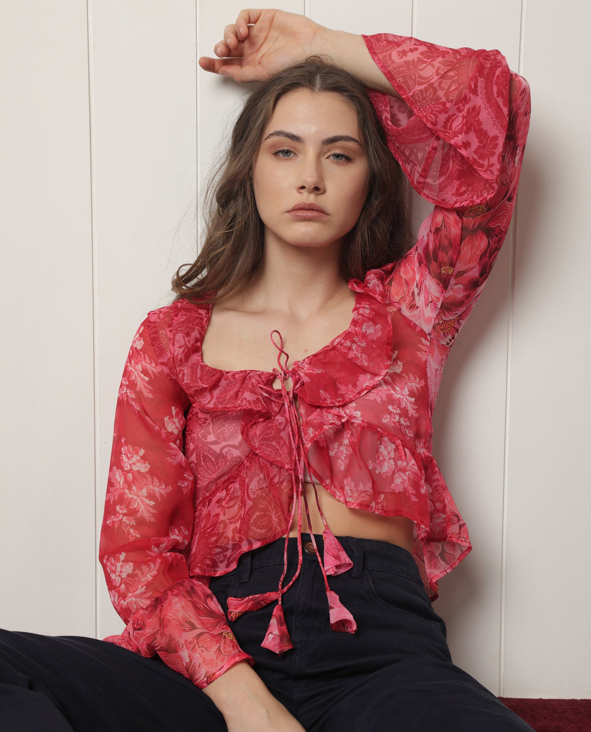 Rareism Women Myloh Maroon Polyester Fabric Full Sleeves Drawstring Closure V-Neck Bell Sleeve Regular Fit Floral Print Cropped Shrug