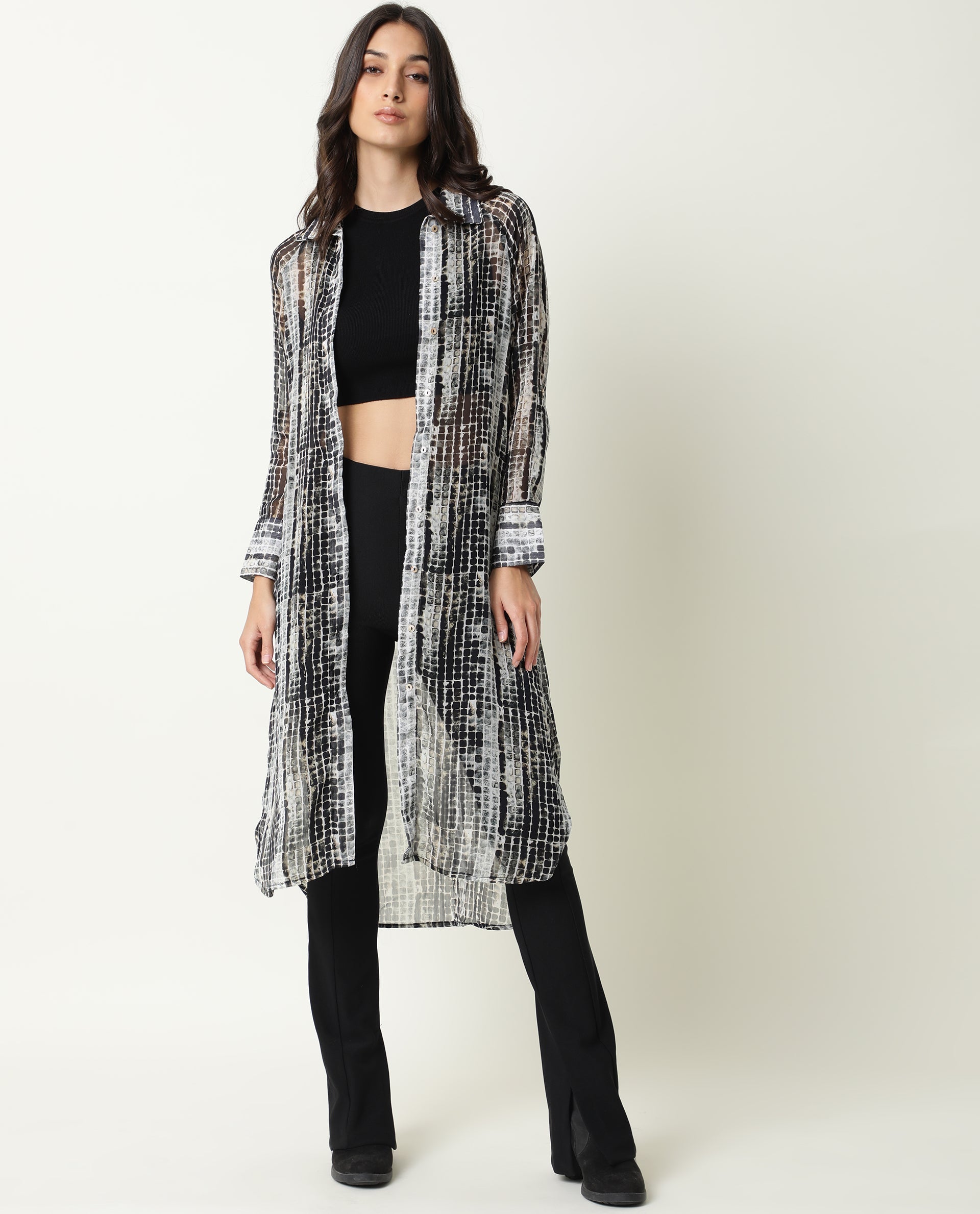 Rareism Women Ito Black Abstract Print Shirt Collar Full Sleeve Front Button Closure Placket Waist Tie Up Pocket Midi Dress