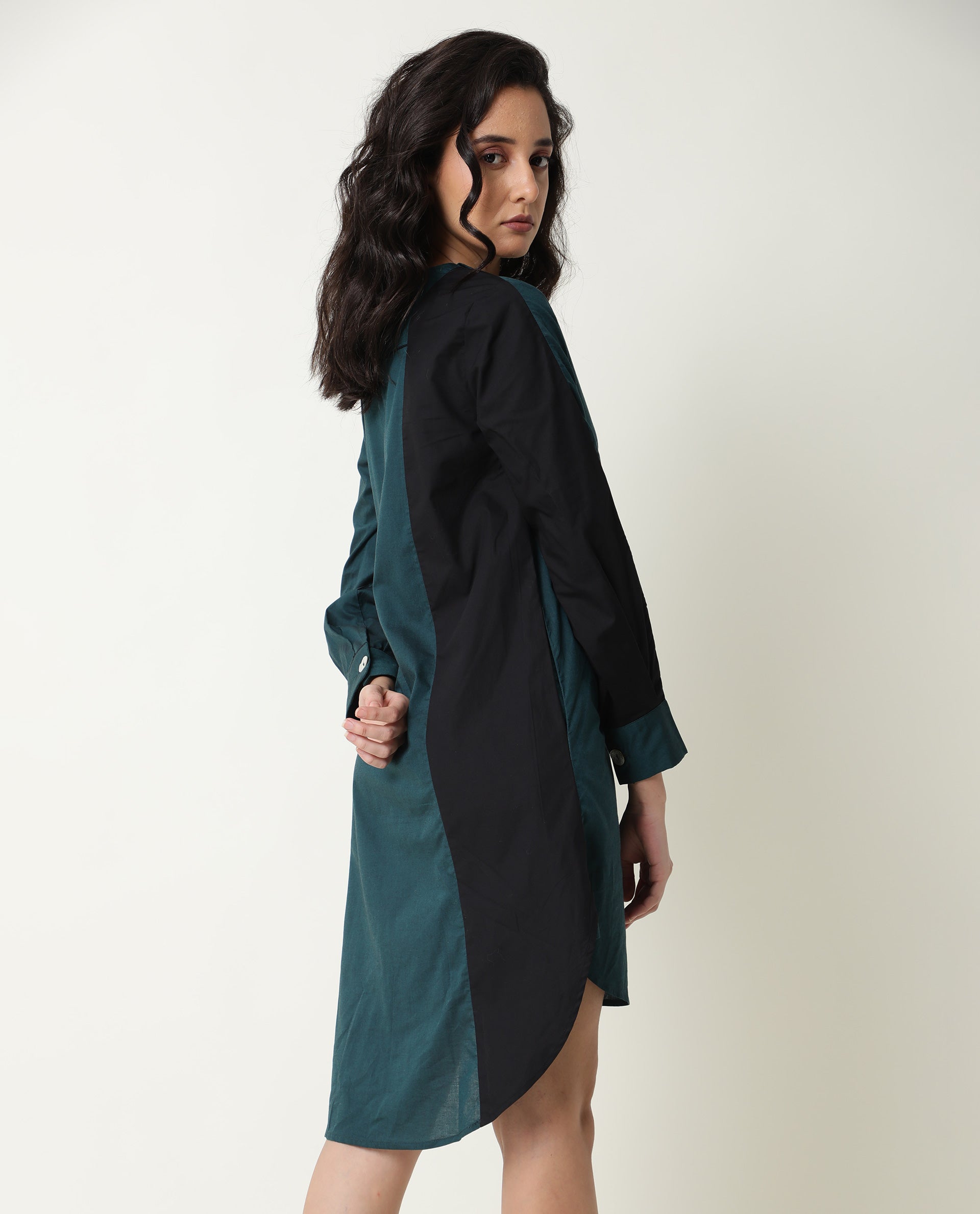 Rareism Women's Tally Petrol V-Neck Plain Knee Length Regular Fit Dress