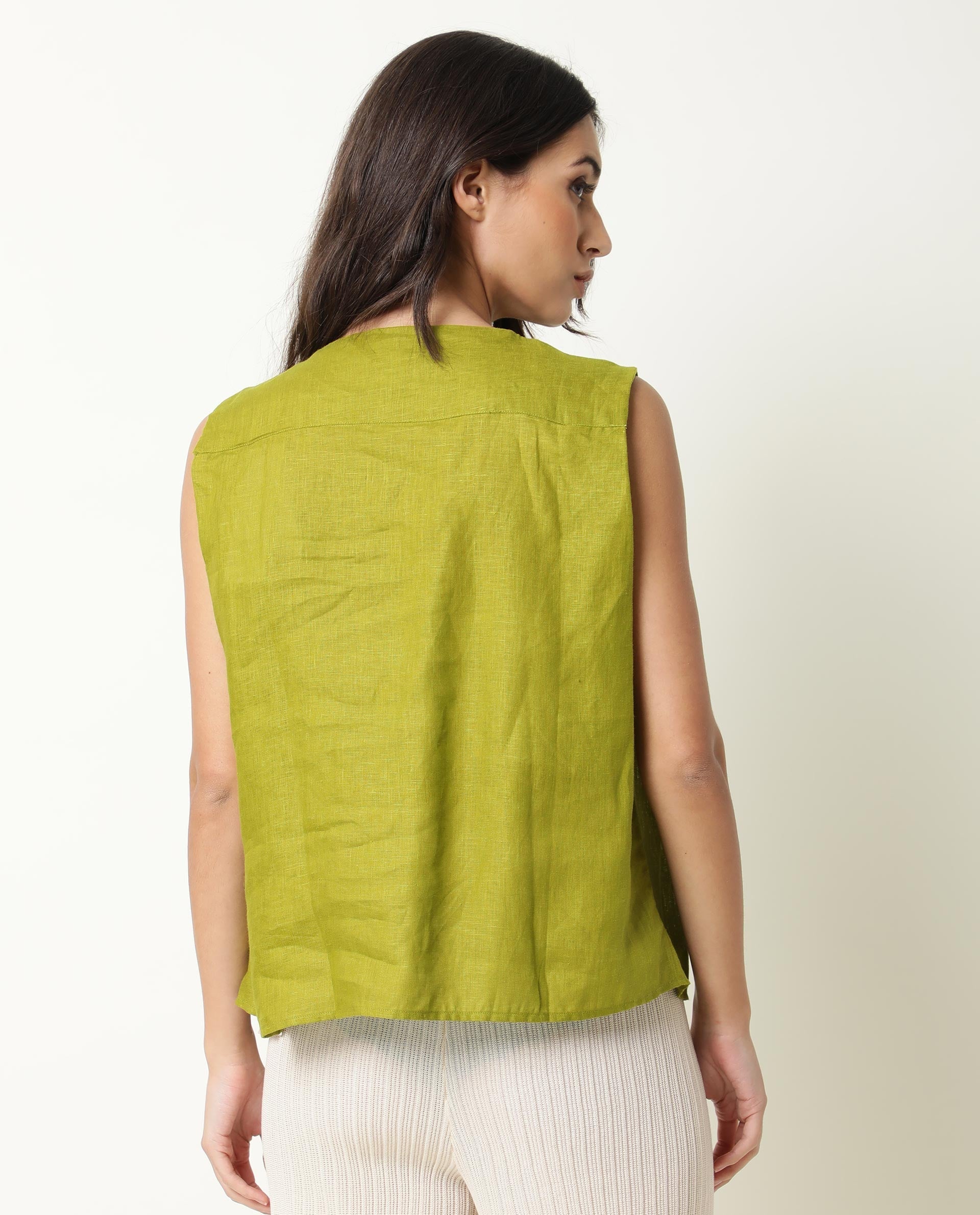 Rareism Womens Flash Green Top Cotton Linen Fabric Regular Fit Sleeveless Ruffled Neck