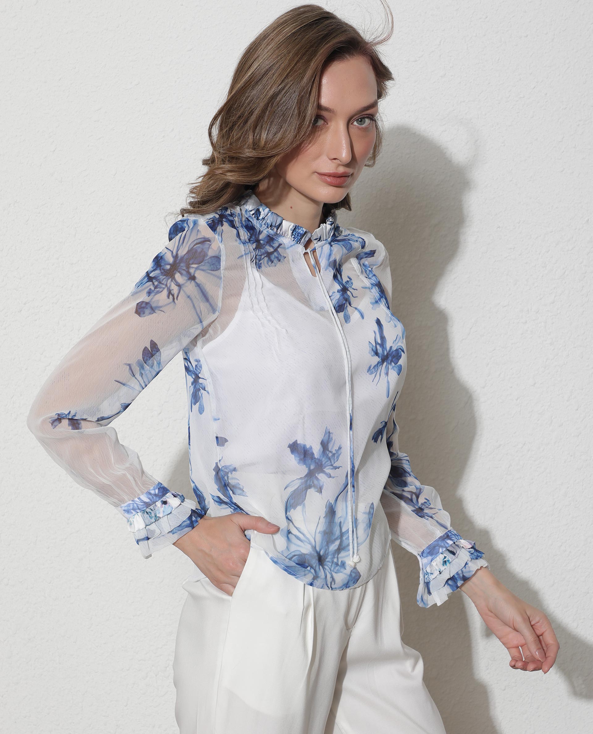 Rareism Women's Dream White Polyester Tie-Up Neck Abstract Print Ruffled Sleeve Relaxed Fit Top