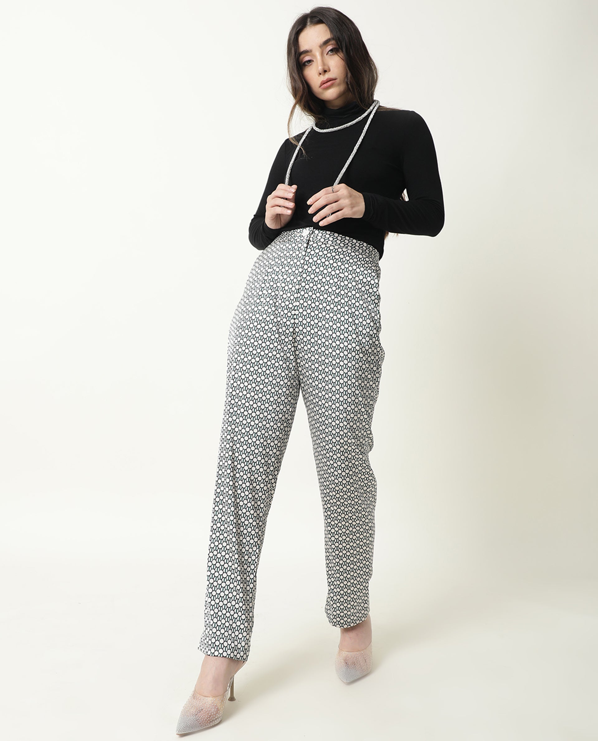 Rareism Women Malani Beige Modal Fabric Tailored Fit Mid Rise Geometric Print Ankle Length Trousers