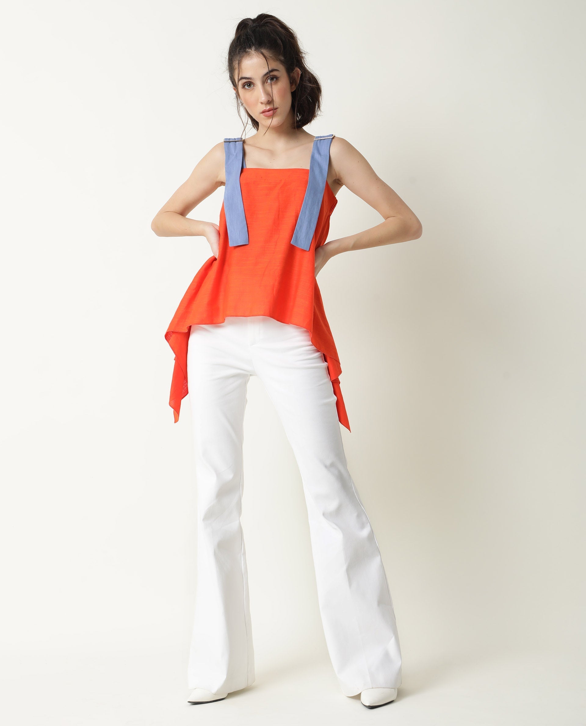 Rareism Womens Cronicle Blue Top Cotton Linen Fabric Regular Fit Sleeveless Square Neck