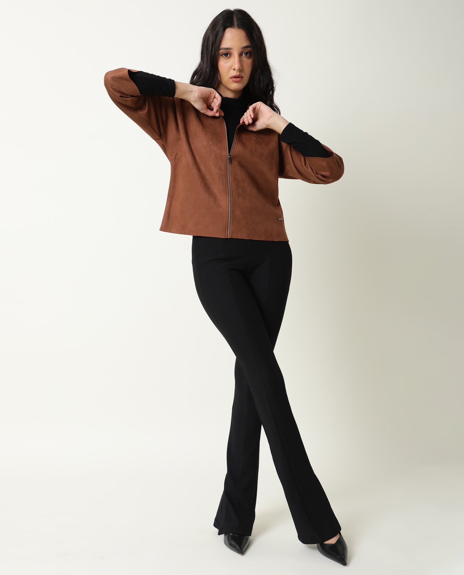 Rareism Women Vasu Brown Polyester Fabric Full Sleeves Solid Collared Neck Jacket