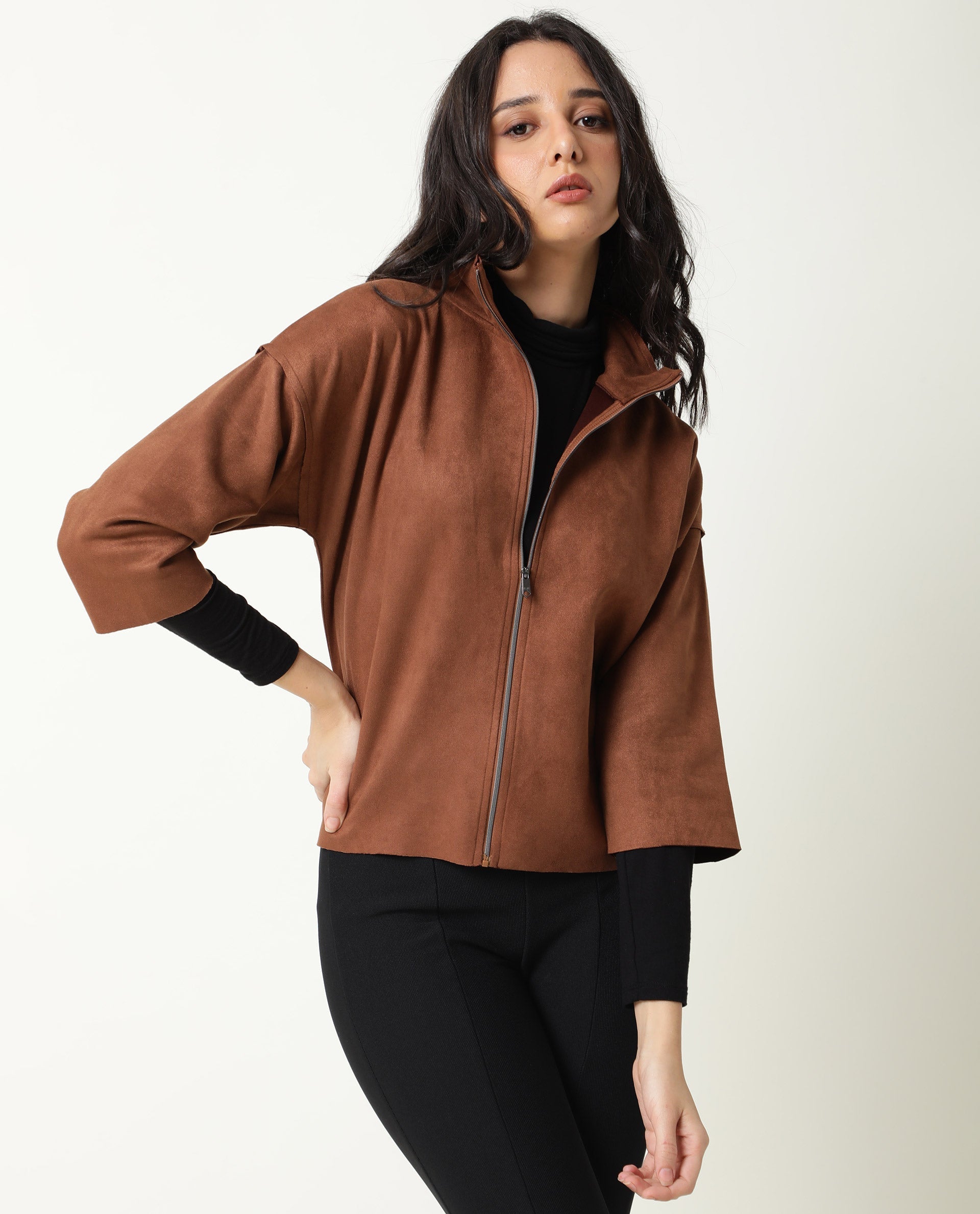Rareism Women Vasu Brown Polyester Fabric Full Sleeves Solid Collared Neck Jacket